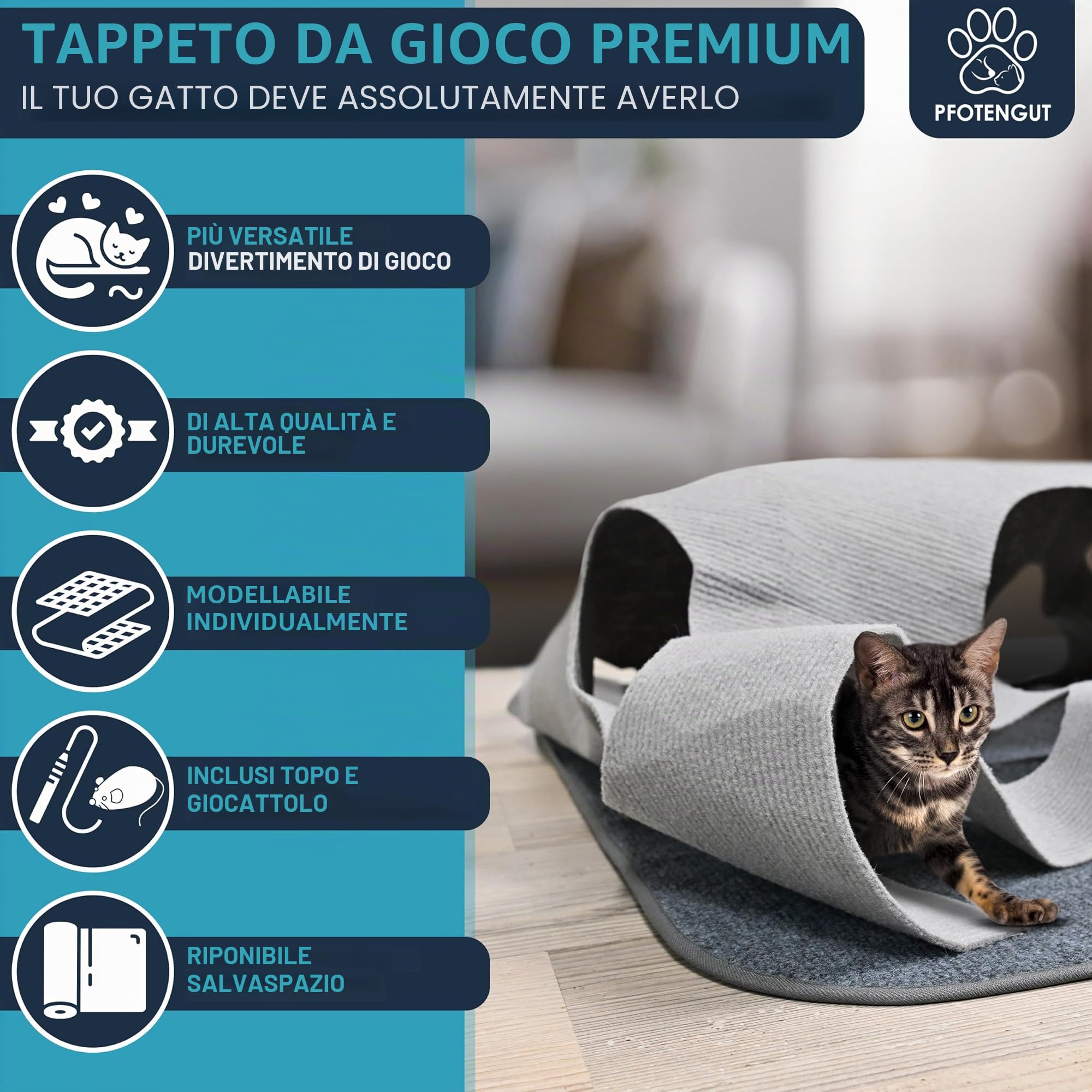 Tappeto per gatti [100 x 100 cm) – Tappetino da gioco interattivo in feltro con forme individuali per l'occupazione del tuo gatto – con accessori per giocattoli [adatto a tutti i gatti]