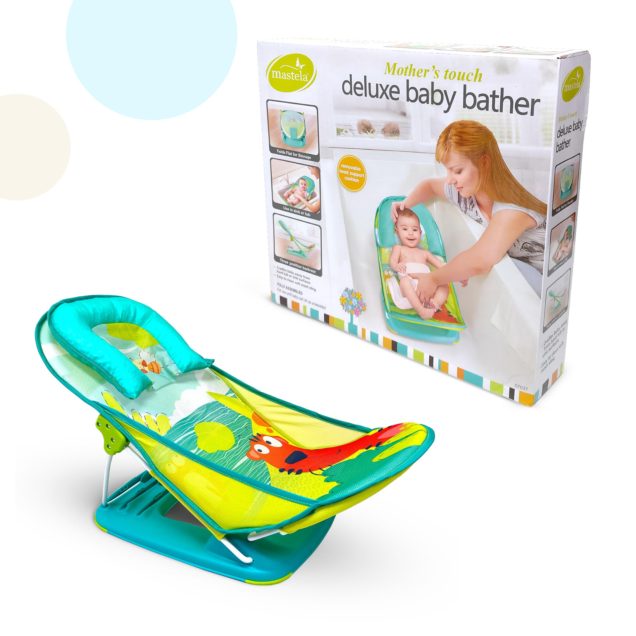 Mastela Newborn Baby Bather | Bath Chair for Newborns and Infants 0-6 Months | Foldable | 3 Position Adjustable Backrest | Anti Skid Base | Washable Soft Mesh Seat for Babies Upto 9Kg (Teal) - Image 7 thumbnail