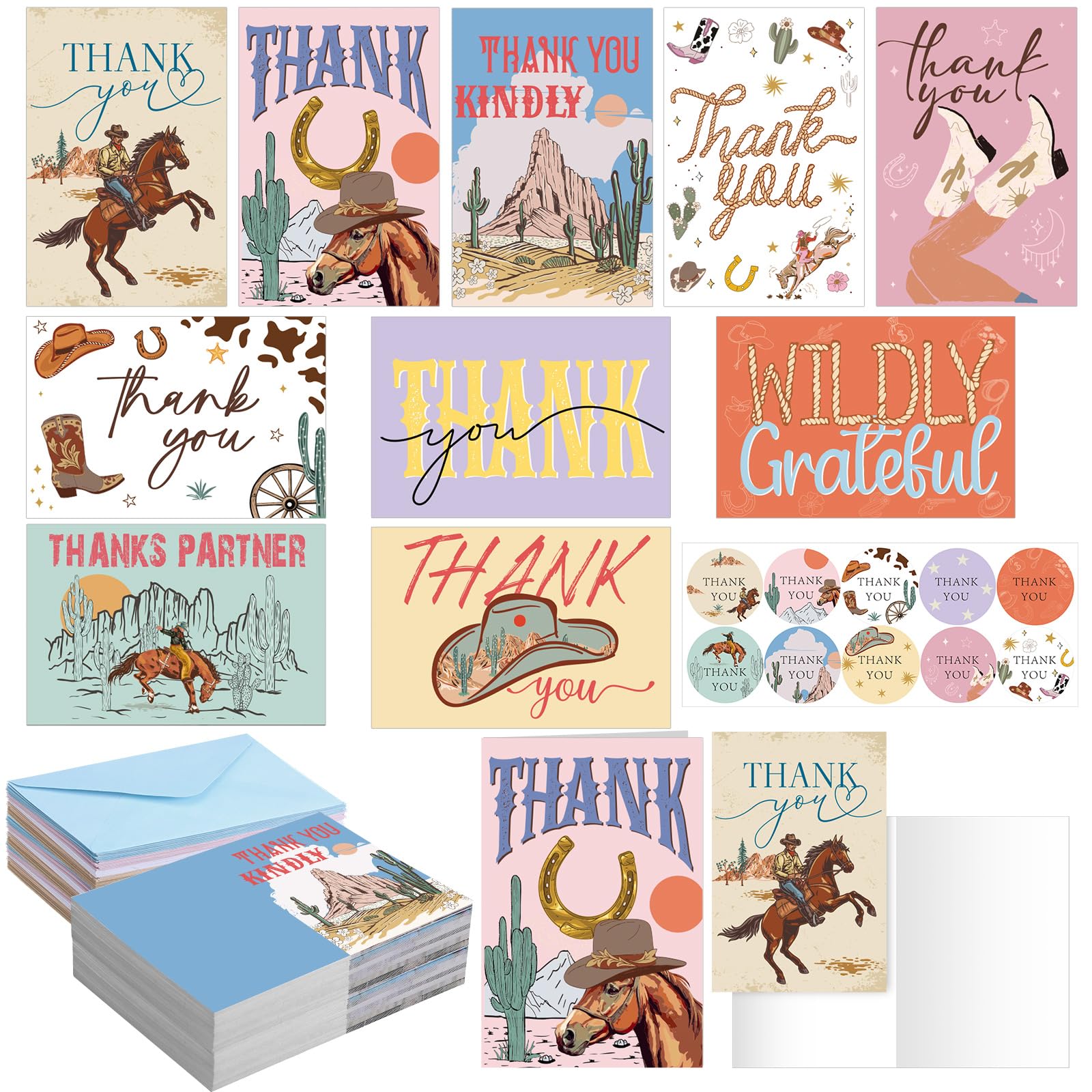 Motiskyy 50 Set Western Cowboy Thank You Cards with Envelopes and Stickers, Appreciation Greeting Blank Note Cards for Teacher Baby Shower Bridal