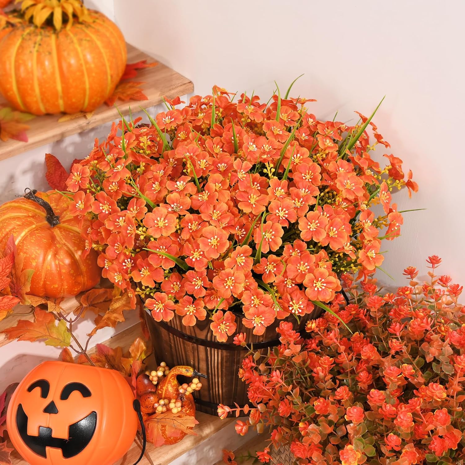 Waipfaru Artificial Mums for Outdoors, Fake Mums, 12 Bundles UV Resistant Artificial Fall Flowers for Outdoors, Faux Flowers for Outdoor Planters Patio Front Porch Window Yard Thanksgiving(Orange Red) - Image 4