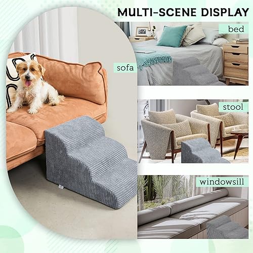 Miniatura 6 de Escaleras para perros y escalones para camas altas, 2 escalones de espuma de alta densidad impermeable para perros y gatos pequeños, escaleras para