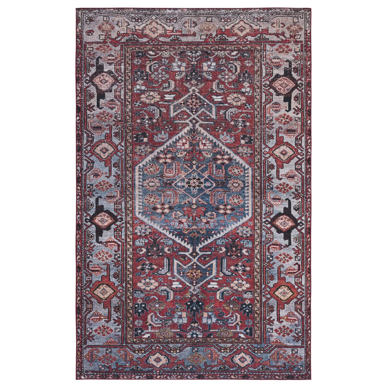 SafaviehTucson Collection Area Rug - 6' x 9', Rust & Blue, Persian Design, Non-Shedding Machine Washable & Slip Resistant Ideal for High Traffic Areas in Living Room, Bedroom (TSN126P)