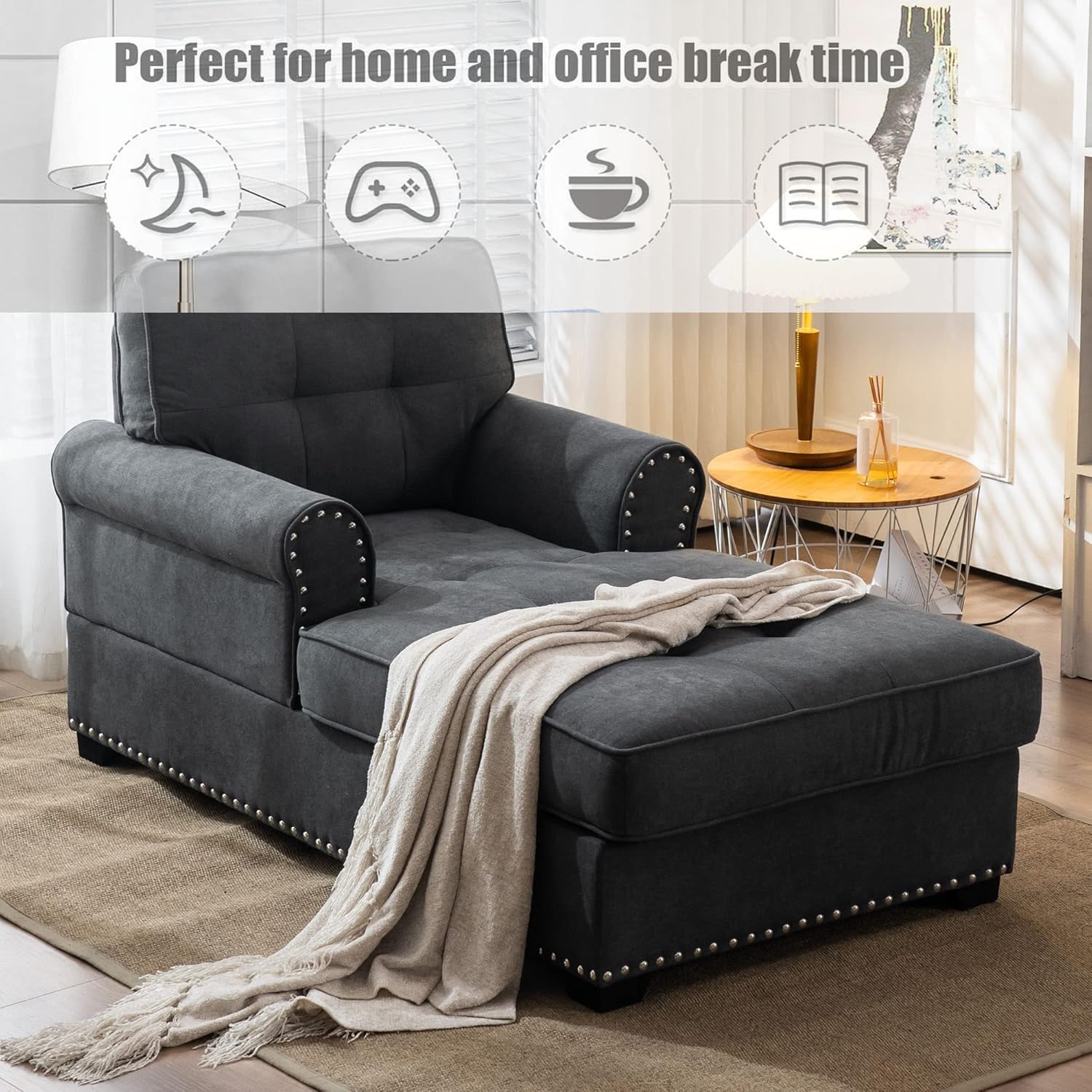 BEEY Chaise Lounge Chair 59" Modern Chaise Lounge Indoor Upholstered Chaise Sofa Chair Recliner Lounge Sleeper Chair for Bedroom Living Room Chaise Lounge,Deep Grey : Home & Kitchen