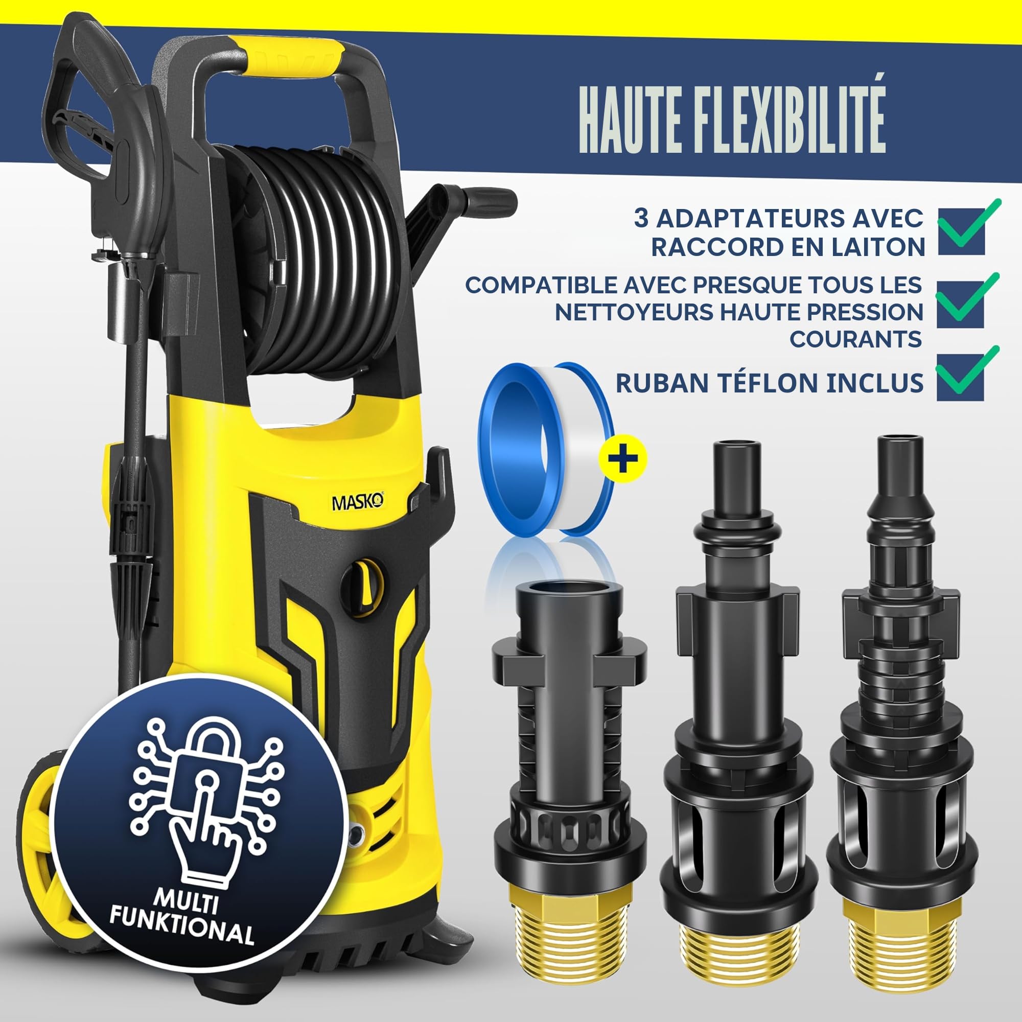 MASKO® Débouche canalisation premium Kit de débouchage 200 bars, sac 3 adaptateurs 2 buses + système rotatif inclus compatible avec le nettoyeur haute pression Kärcher k2-k7 LAVOR kit universel, 30m