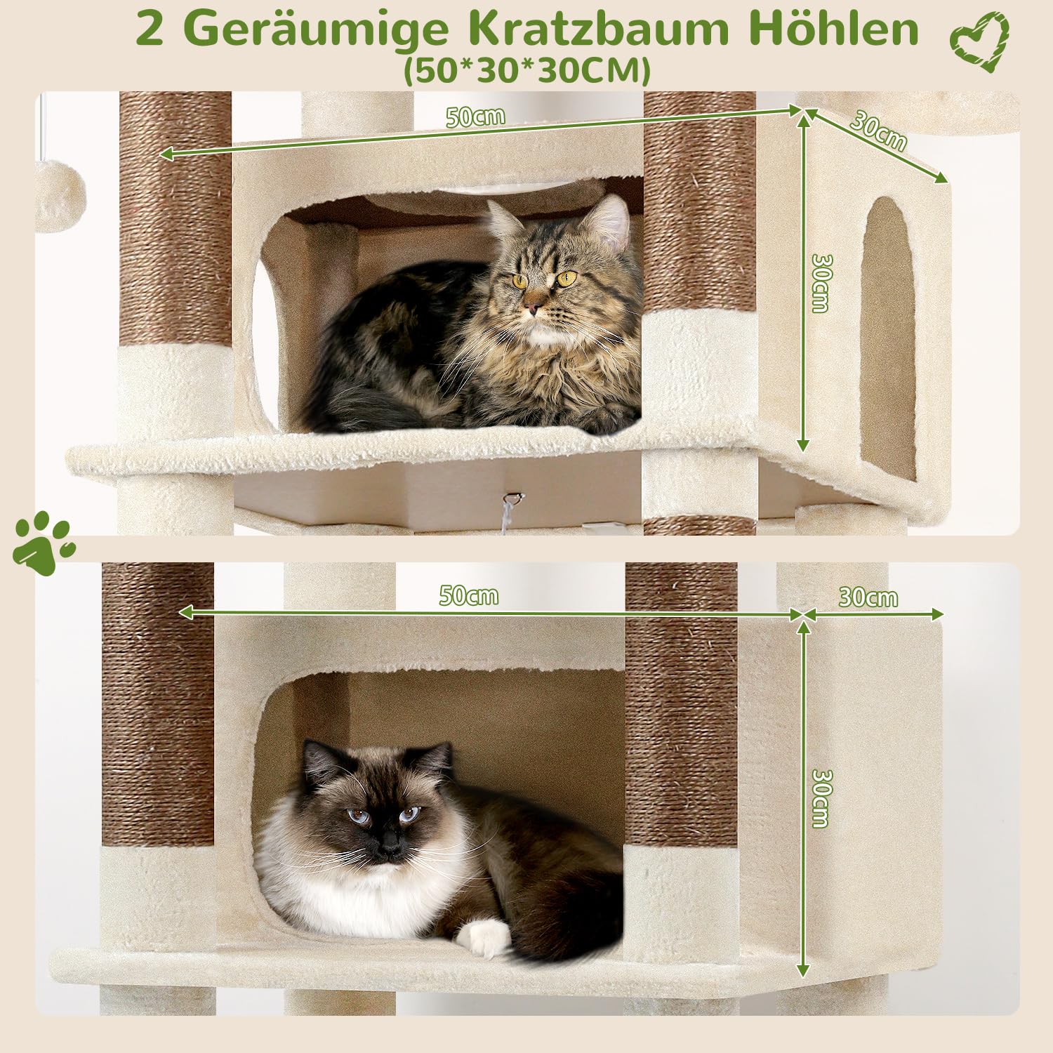 Globlazer F83B Kratzbaum XXL Beige 213 cm für Groß Katzen Katzenbaum Stabil | Extra großer, Über 2 Meter katzenbaum mit 2 Große Katzenhaus, Plattforms, Hängematte, für 3-5 mehrere große Katzen Maine Coon