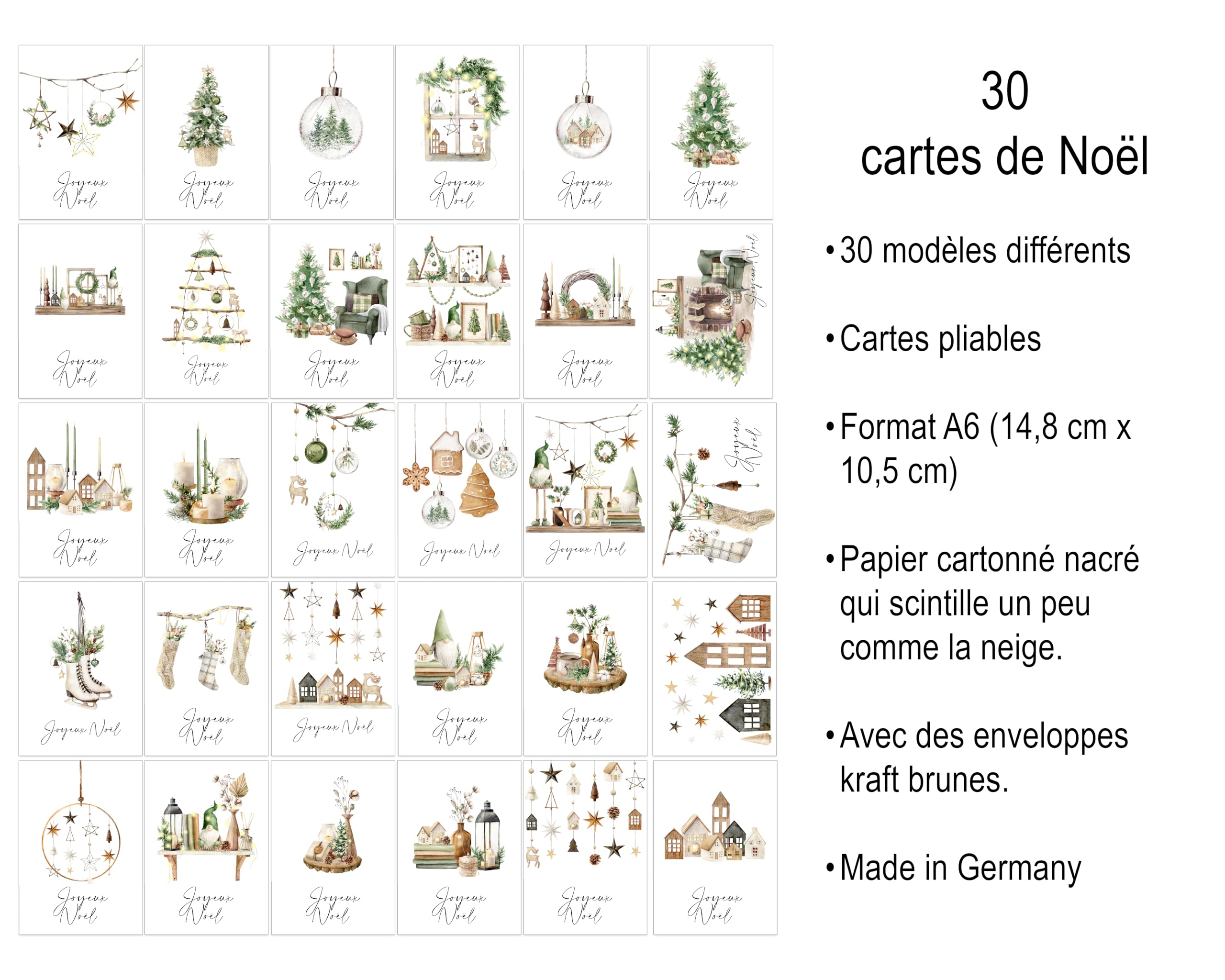 Set de 30 Cartes de Noël A6 avec Enveloppes Blanches – Cartes Festives