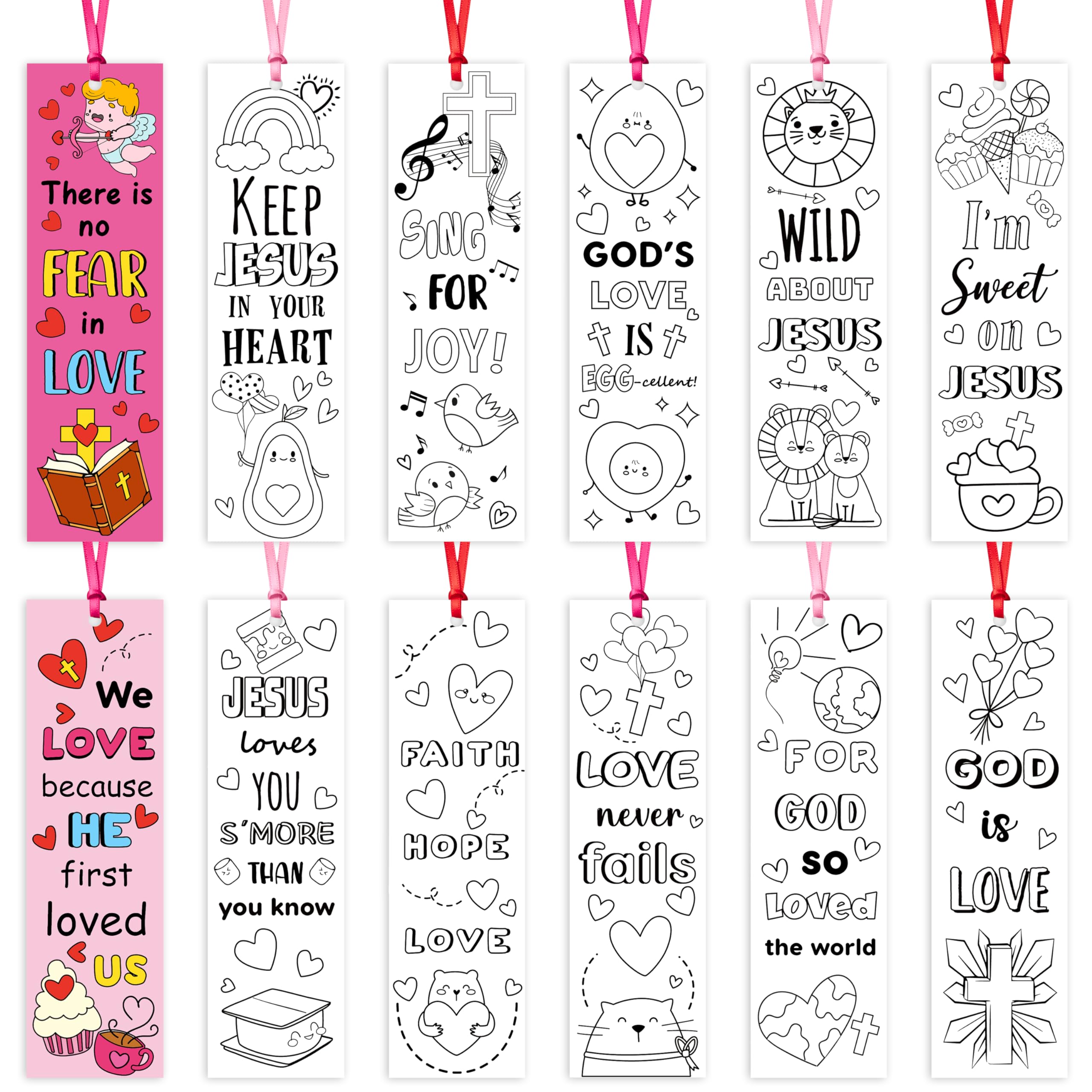 75Pcs Valentine Color Your Own Bookmarks for Kids Christian Theme DIY Coloring Blank Bookmark Classroom Art Craft Supplies for Teacher Student Valentine’s Day Party Reward Goodie Fillers Exchange Gift — image 1