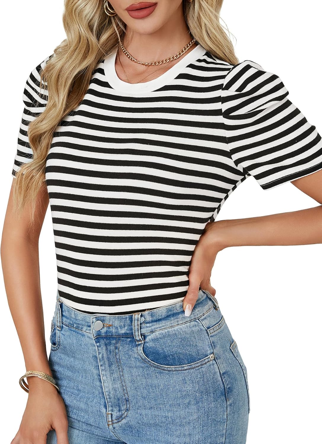 LYANER Women's Short Puff Sleeve Cotton Tops Crew Neck Striped Shirt Blouse Trendy Going Out Tops - Image 3