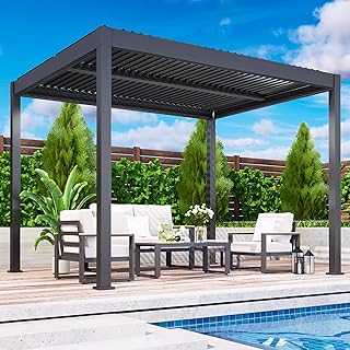 Louvered Pergola, 10' x 12' Outdoor Pergola, Metal Patio Gazebo with Adj...