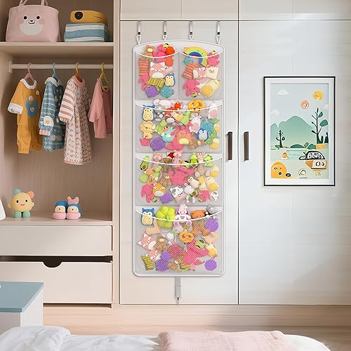 Miniatura 5 de Hamaca de almacenamiento para animales de peluche, organizador de juguetes para colgar sobre la puerta y soporte de juguetes de felpa con ganchos de