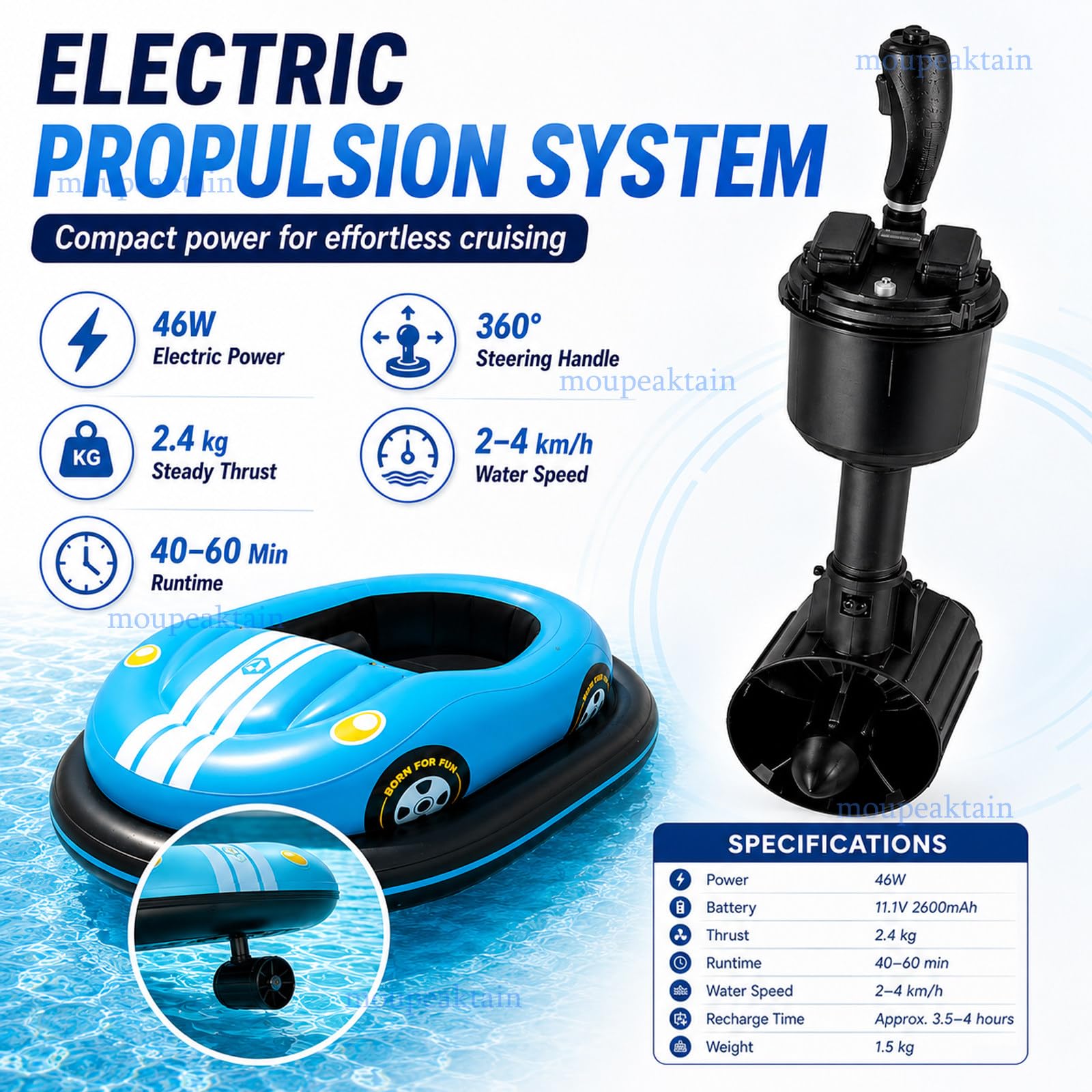 Aufblasbares Motorboot, Elektrischer Poolliege Für Erwachsene, 46 W | Mit Schlauchboot, Elektroantrieb, 2600-Mah-Akku, Luftpumpe Und 5 Düsen, Belastbar Bis 120 Kg