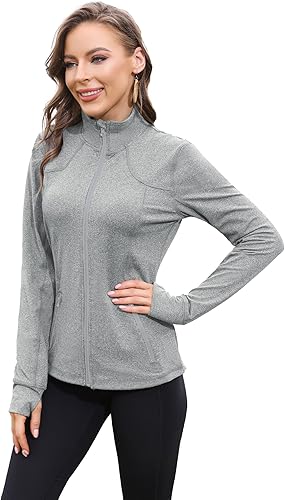 COZZYON Chaqueta deportiva con cremallera completa para mujer, ligera, para yoga, entrenamiento, pista, con cremallera y agujeros para el pulgar