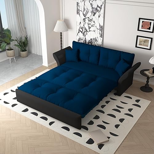74.8" Queen Pull Out Sofa Bed, 3 in 1 Convertible Sleeper Sofa, Velvet Loveseat Couch for Living Room, Apartment, Small Space, Blue