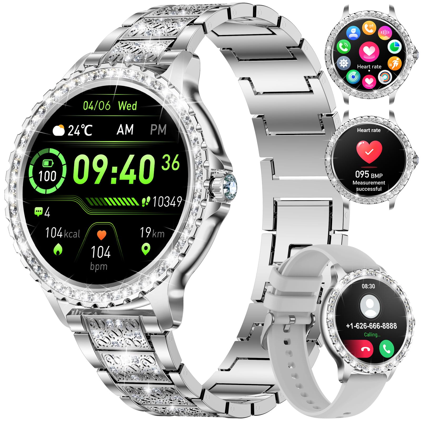 LIGE Smartwatch da donna Bluetooth chiamate per Android iOS 1,32" HD Full Touch Screen da donna Smart Watch Diamante argento acciaio inox frequenza cardiaca, monitor sonno, contapassi, calorie, 100+
