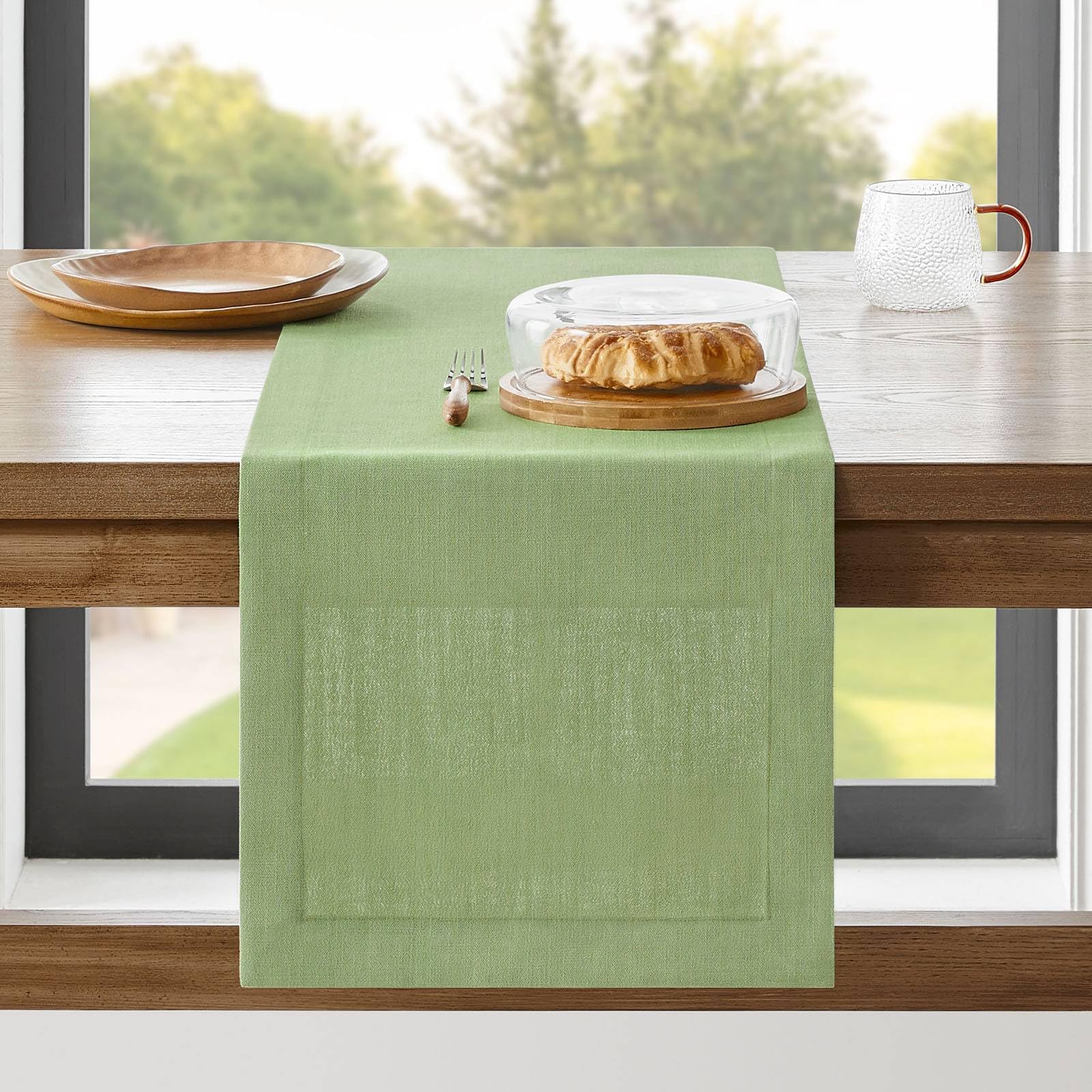 Photo 1 of ZeeMart Linen Textured Border Table Runner, 14 x 72 Inch Green