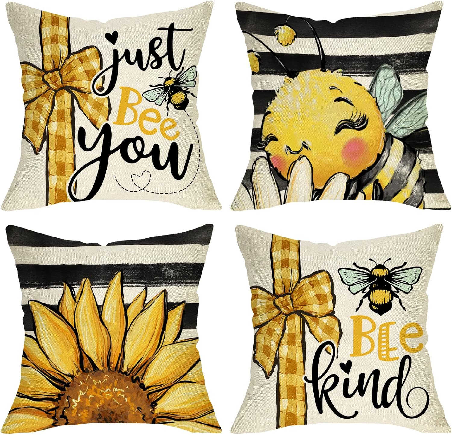 Spring Summer Bumble Bee Sunflower Decorative Throw Pillow Covers 18x18 Set of 4, Fall Farmhouse Black White Stripe Home Decor, Yellow Buffalo Plaid Check Quote Outdoor Couch Cushion Case