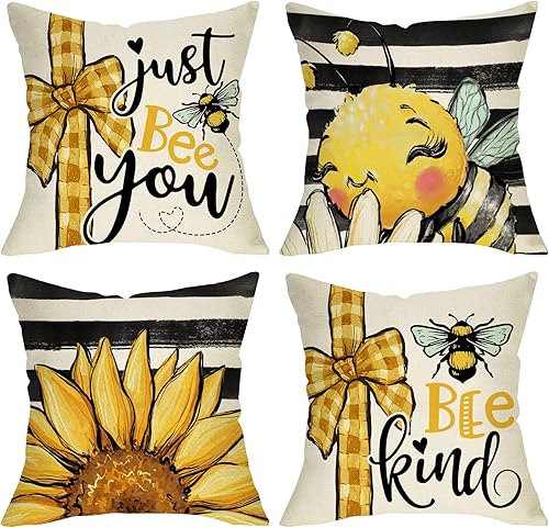 Juego de 4 fundas de almohada decorativas de primavera y verano con diseño de girasol de abejorro de 16 x 16 pulgadas, diseño de rayas blancas y