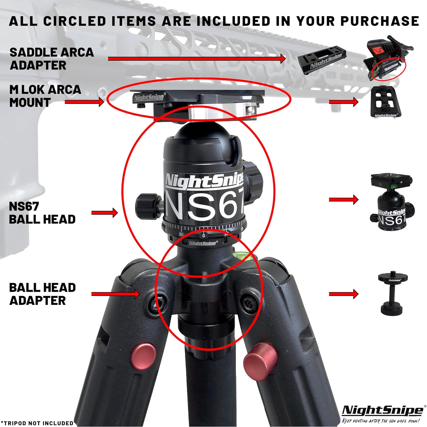 BOG DeathGrip Ball Head Conversion Kit | Ball Head Adapter + Arca-Swiss Saddle Mount + Arca-Swiss M LOK Mount + NS67 Ball Head | for use with BOG DeathGrip Tripod