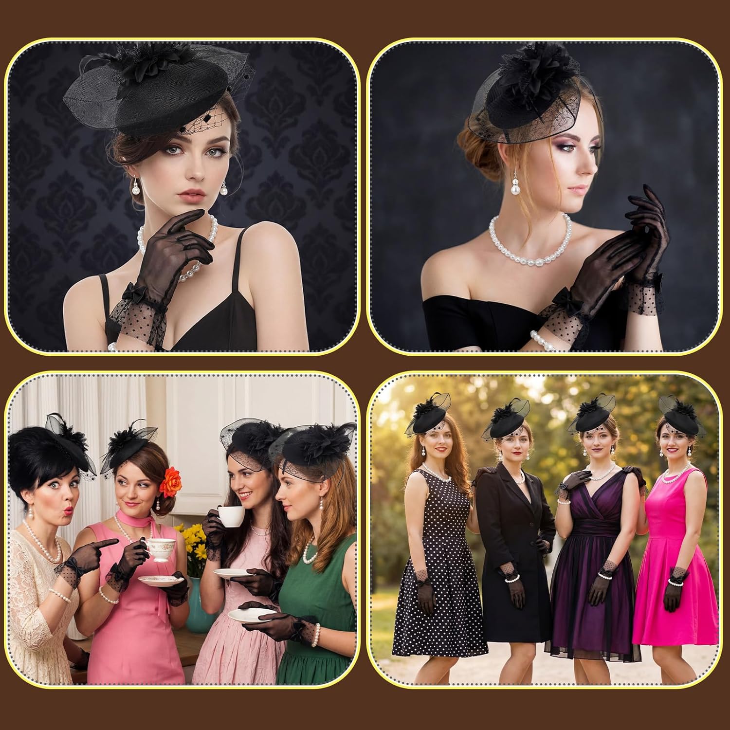 5Pcs Fascinators Hats for Women Tea Party Feather Mesh Headband with Bow Gloves Pearl Jewelry for Church Wedding Bridal Showers - Image 8