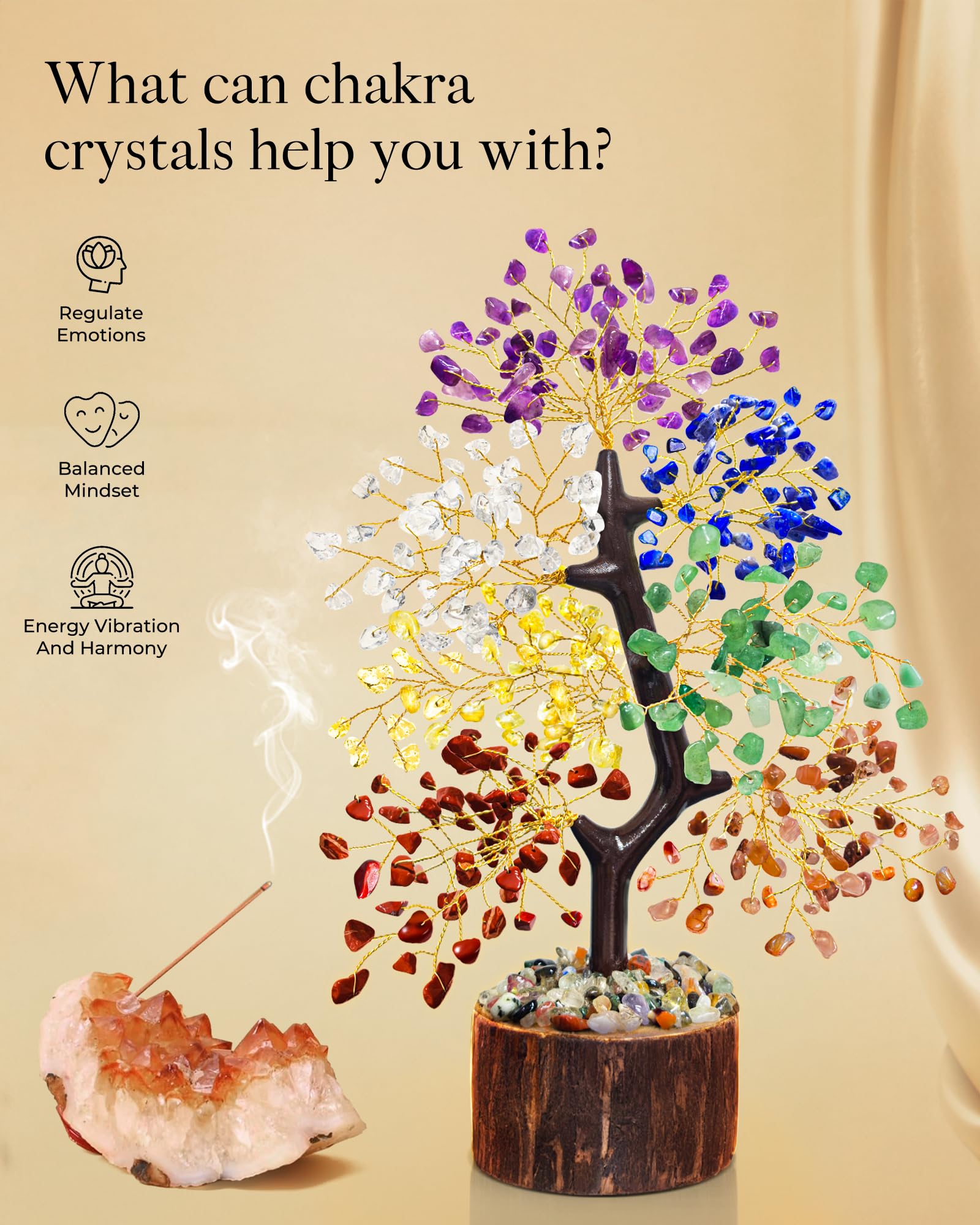 7 Chakra Crystal Tree of Life, Handmade Crystal Decor for Desk, Home Office & Meditation Room, Meaningful and Calming Gemstone Tree,Housewarming, Birthday Gifts for Women, Mom