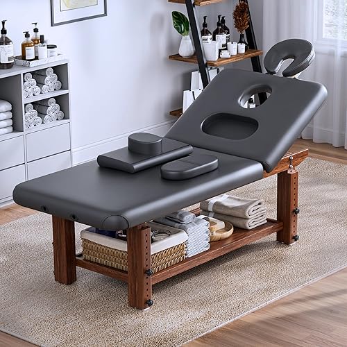 Miniatura 9 de Mesa de masaje ajustable - Mesas de masaje estacionarias con diseño de pecho abierto, almohada y almacenamiento en forma de C, cama de esteticista