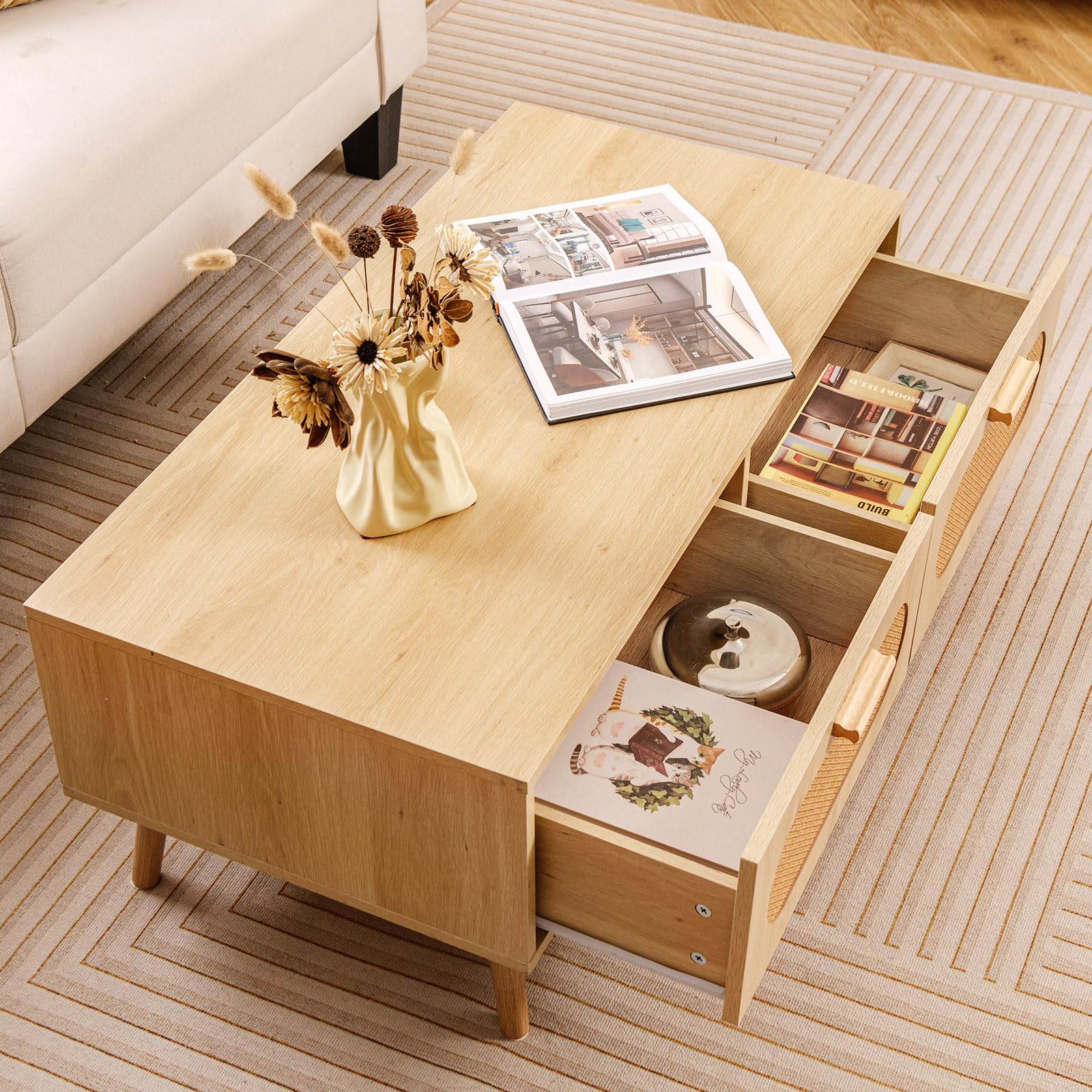 LIFEZEAL Mesa de Centro con 2 cajones y 1 Compartimento Grande, Mesa de salón con 4 Patas de Madera Maciza, Capacidad de Carga 60 KG, 100 x 50 x 41 CM, Natural, Estilo rústico