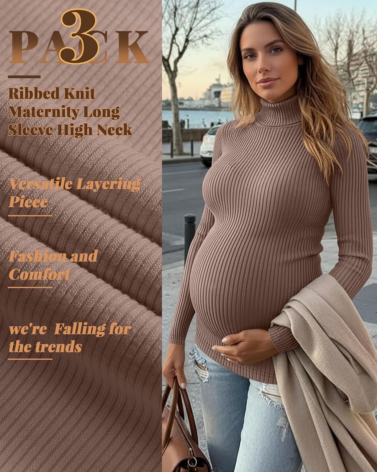 3 Pack Women's Maternity Shirts Ribbed Turtleneck Long Sleeve Slim Fit Pregnancy Tops Fall Casual Pregnant Sweater - Image 3