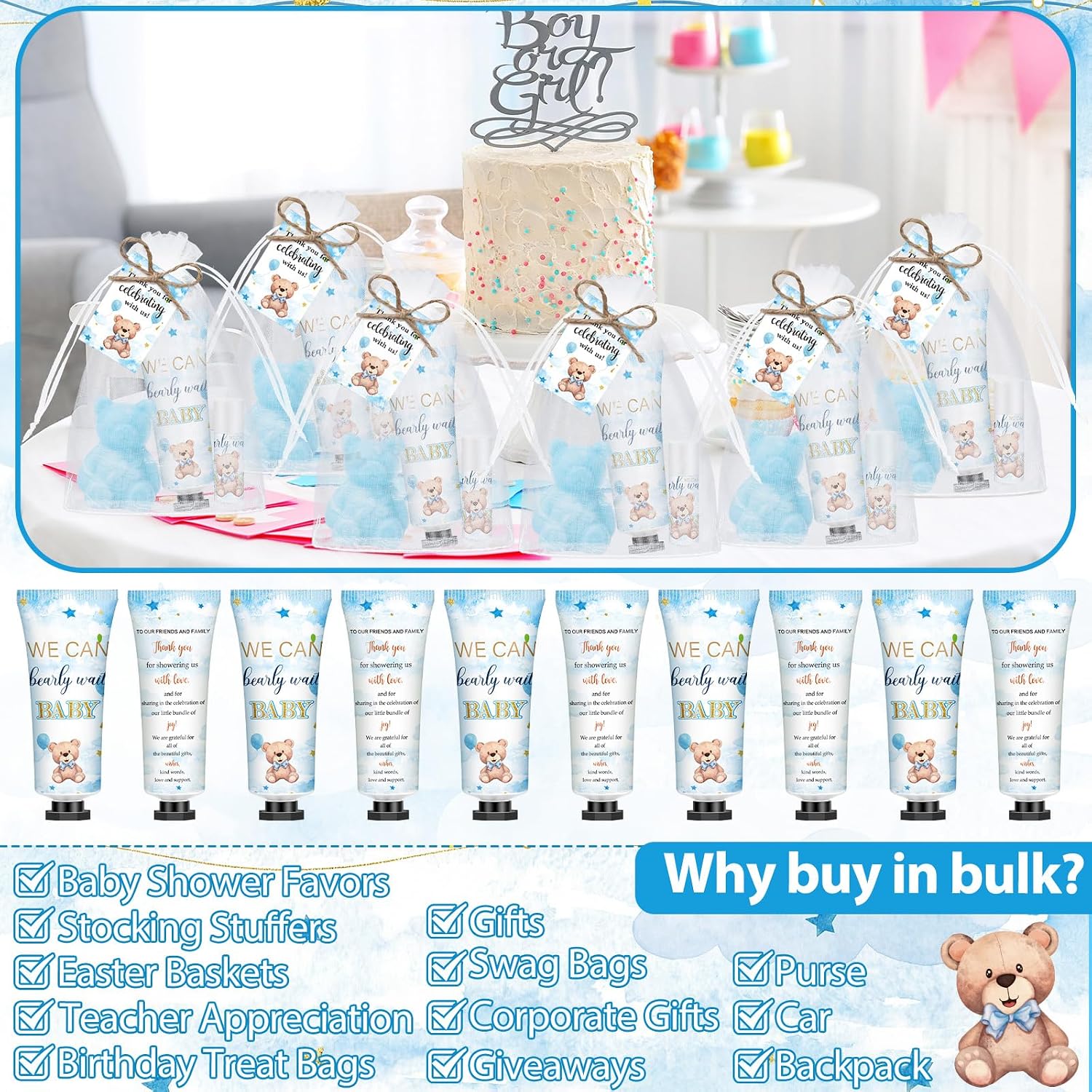 75 Pcs/25 Sets Blue Cute Bear Baby Shower Favors for Guests We Can Bearly Wait Hand Cream Teddy Soap Lip Balm Party Favors Baby Shower Guests Return Thank You Gifts for Gender Reveal