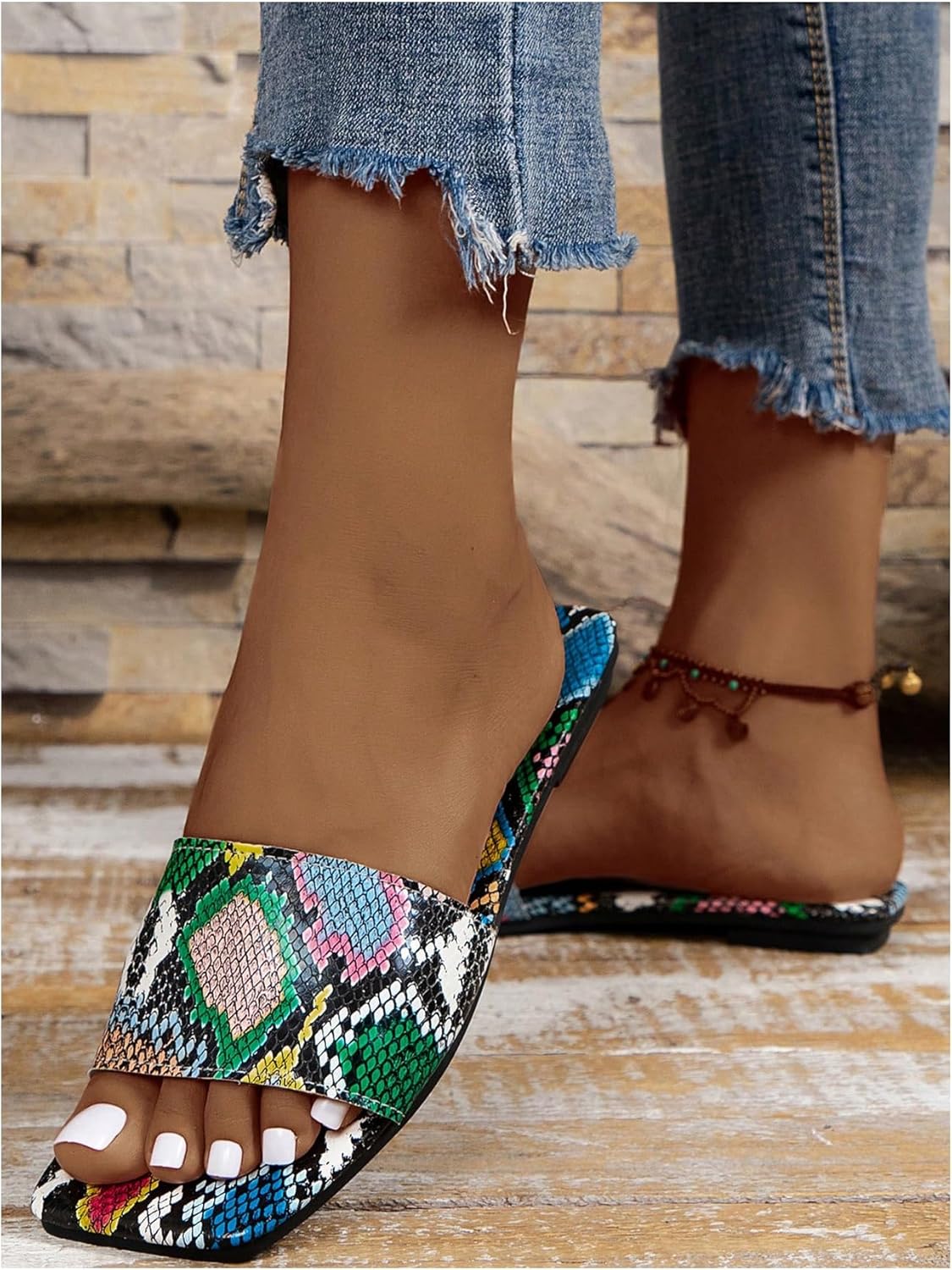 GORGLITTER Women's Snakeskin Leather Flat Sandals Colorblock Square Open Toe Dressy Summer Vacation 2026 Slides Shoes