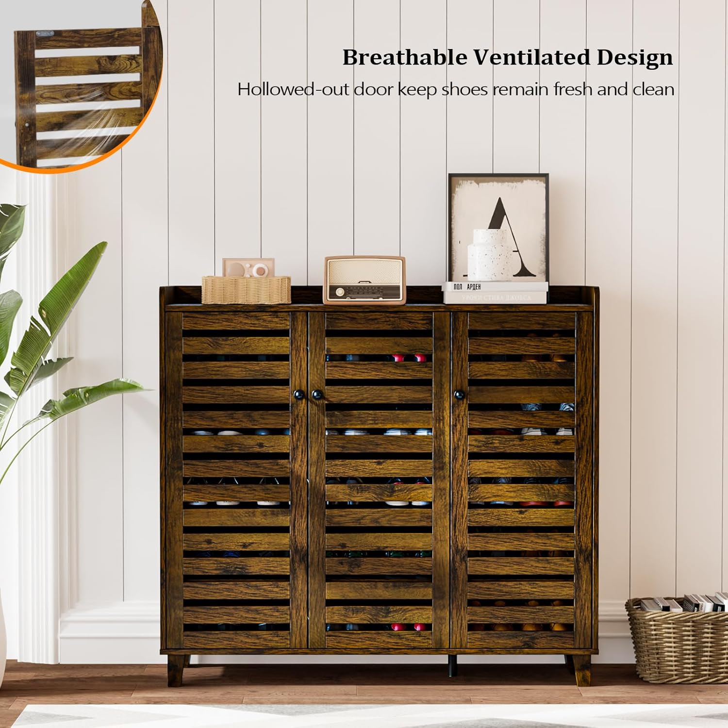 Close-up of the louvered door design of the VINGLI Shoe Cabinet, emphasizing ventilation.