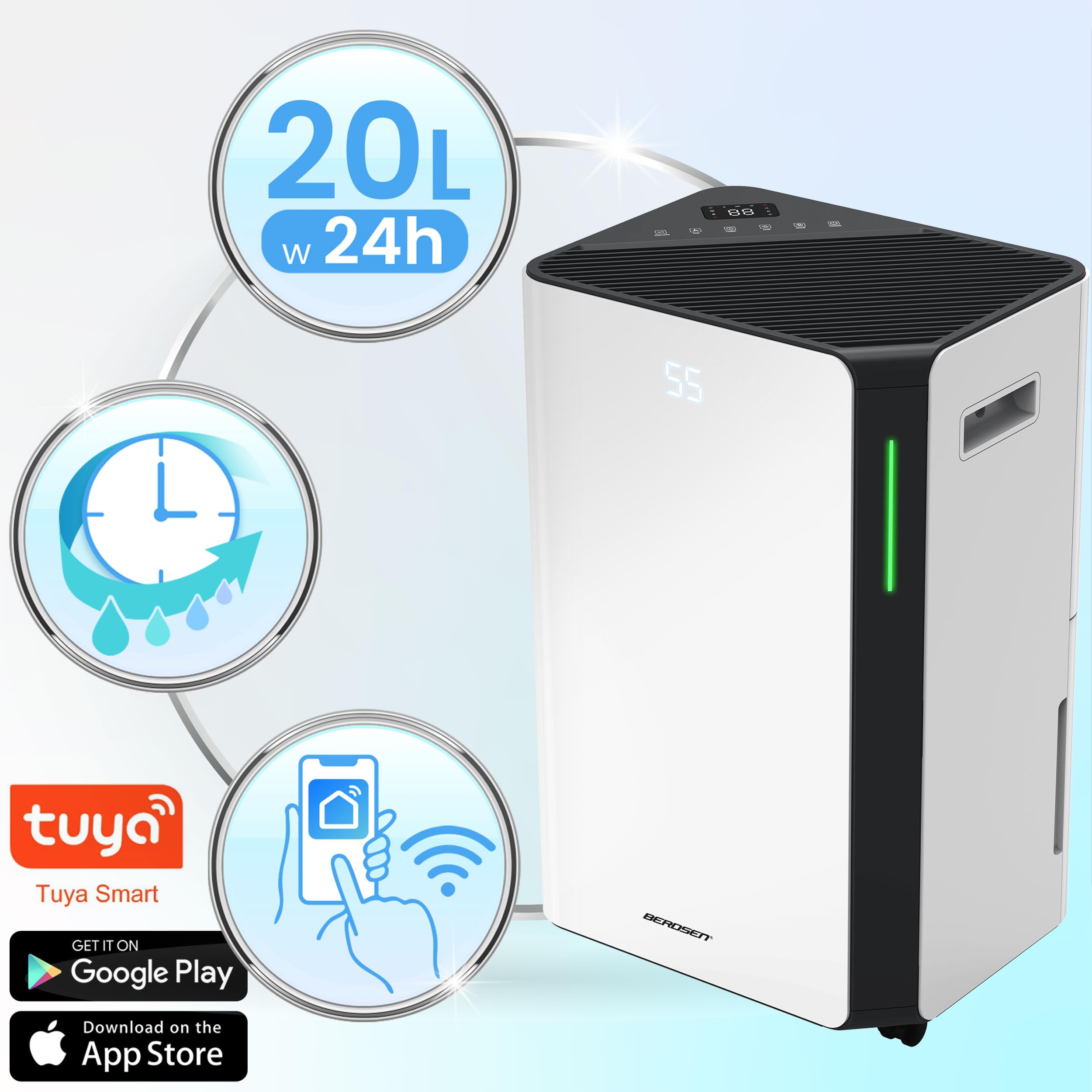 Berdsen Elektryczny Osuszacz Powietrza 20 L/24h - Wi-Fi - LED - Higrostat - Zdalne Sterowanie Aplikacją - Cichy - Energooszczędny - Biały