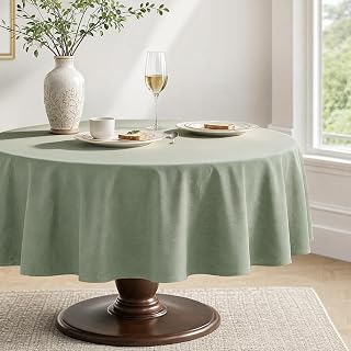 Veblandy Faux Linen Round Tablecloth 60 inch, Table Cloth Wrinkle Free Decorative Fabric Waterproof Table Cover for Dining/Party/Buffet/Wedding, Sage Green