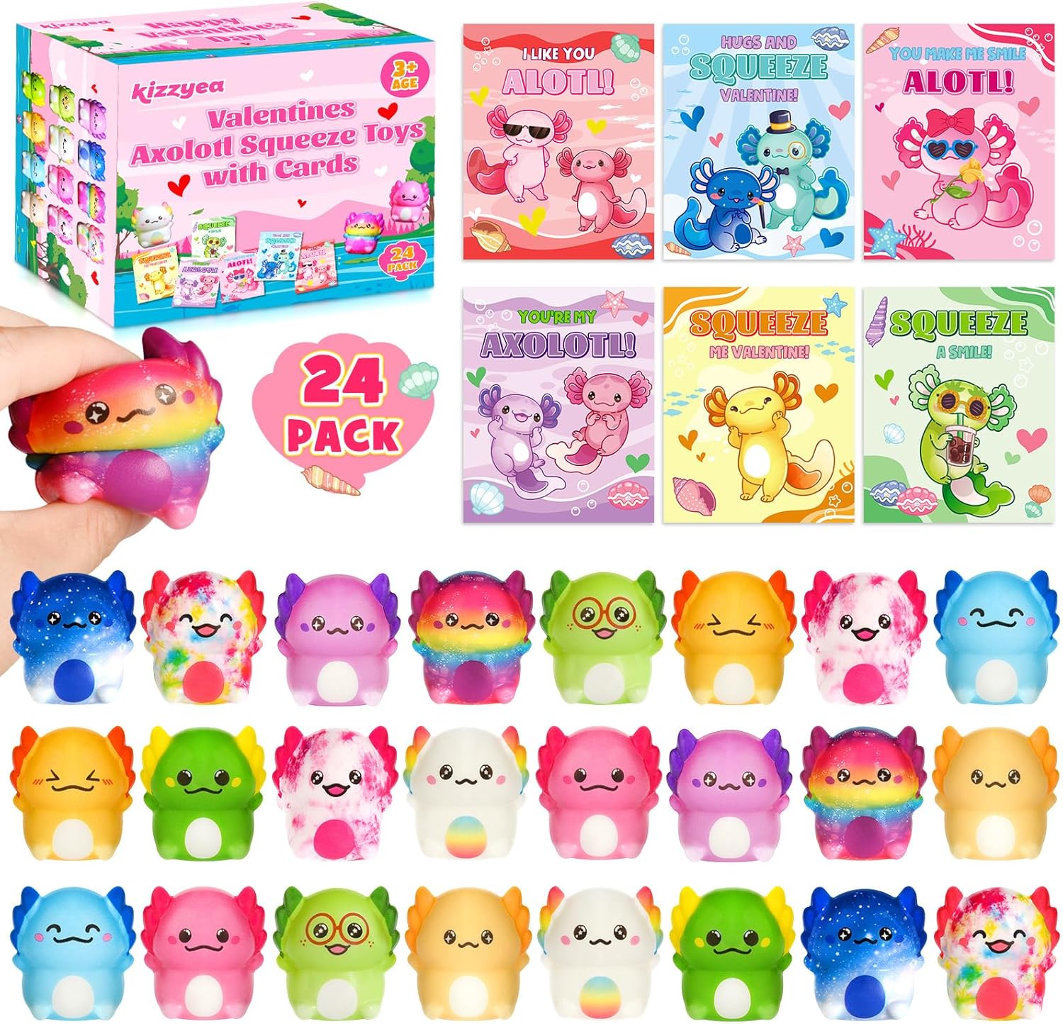 24 Packs Valentines Day Cards for Kids School with Axolotl Slow Rising PU Squishy Toys, Valentines Day Gifts for Kids, Kawaii Squeeze Toys for Boys Girls, Ideal Valentine Party Favor, Classroom Prizes