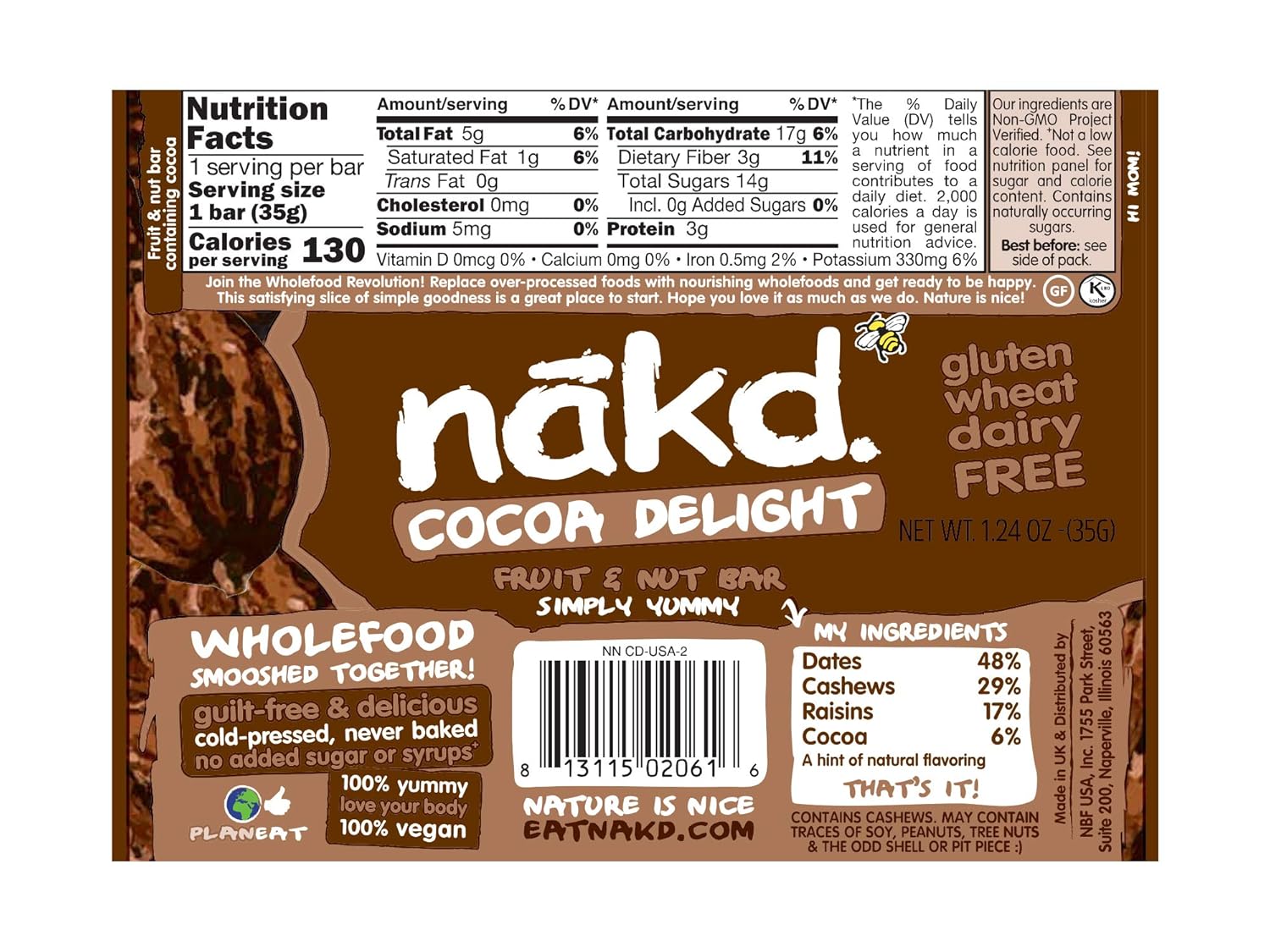 Nakd Bars, Cocoa Delight Raw Fruit and Nuts, Gluten Free, Vegan 18 Count