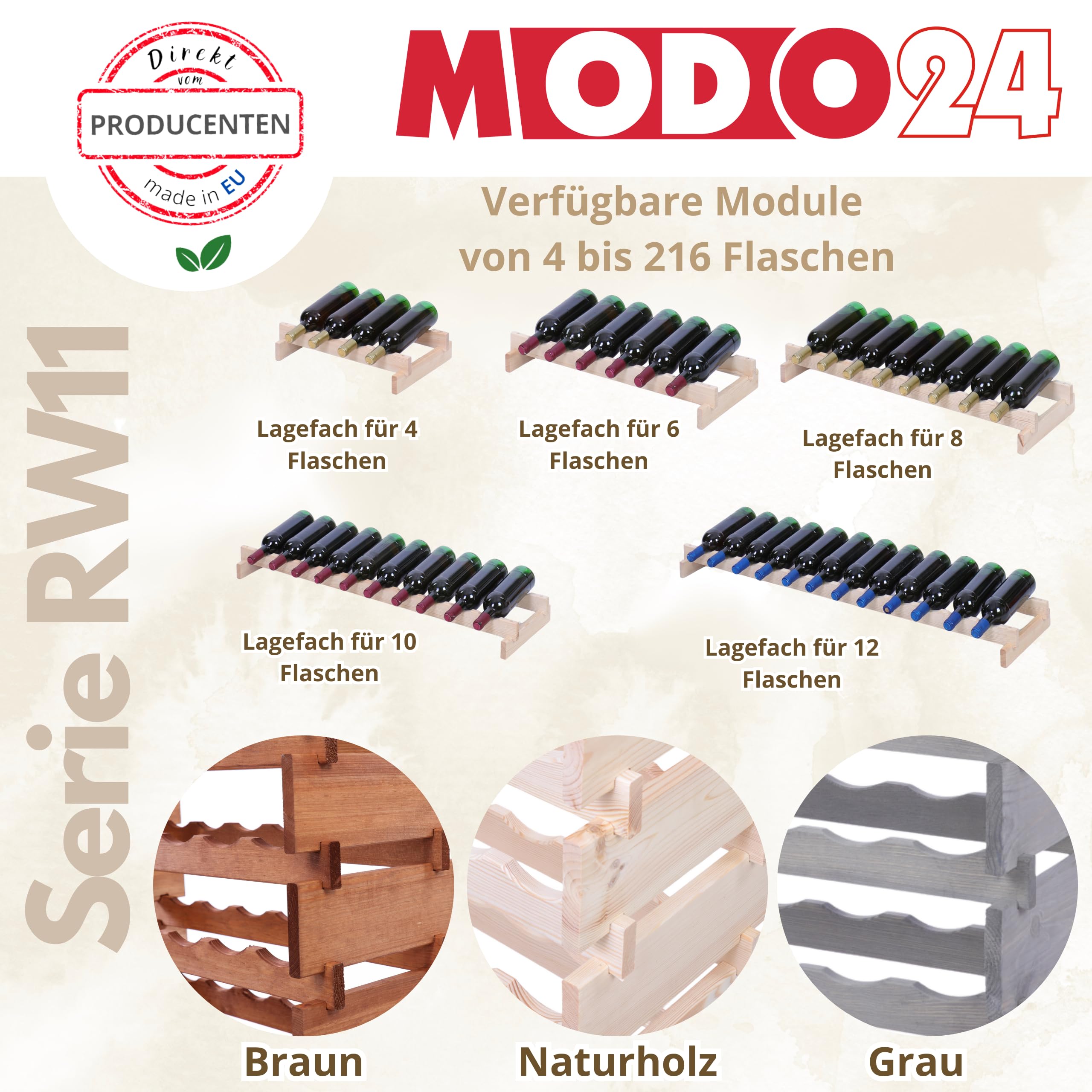 Weinregal, Holzregal, Modulares Weinständer, Weinhalter, Flaschenständer, Flaschenregal, Modernes Getränkeregal, Weinschrank, Weinregal für 36 Flaschen, Abmessungen 37x122,4x28 cm, Farbe: Braun
