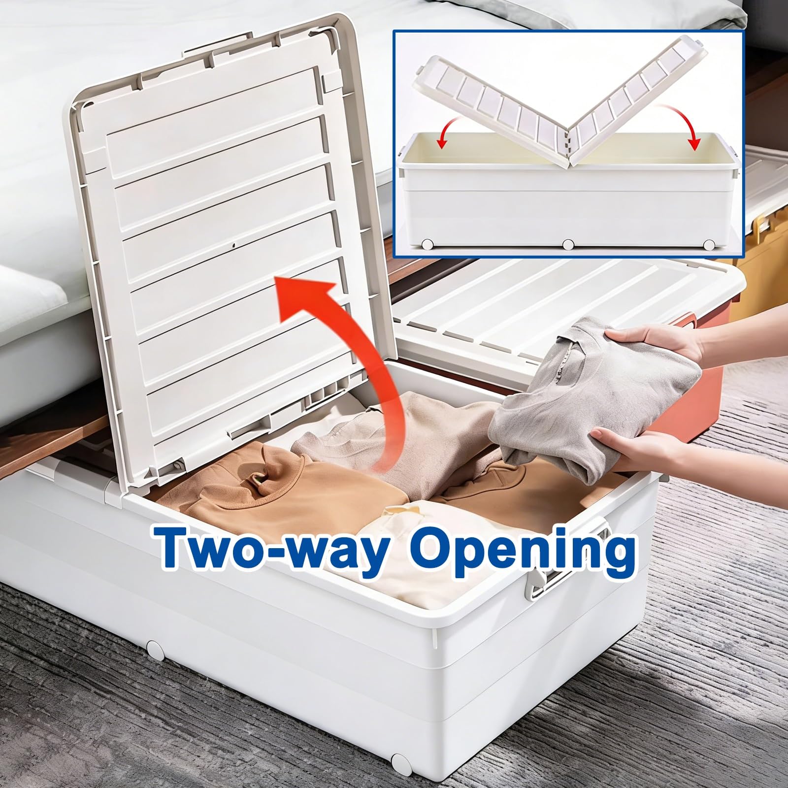 Unterbettkommode mit Rollen, waschbare Aufbewahrungskörbe, doppelseitige Öffnung für Kleidung, Decken, Spielzeug und Schuhe