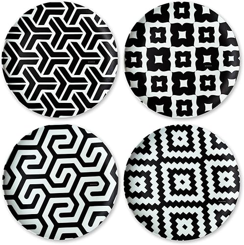 Platos llanos en blanco y negro, patrón geométrico, 10 pulgadas, platos de cocina, platos de cena modernos, aptos para lavavajillas, vajilla
