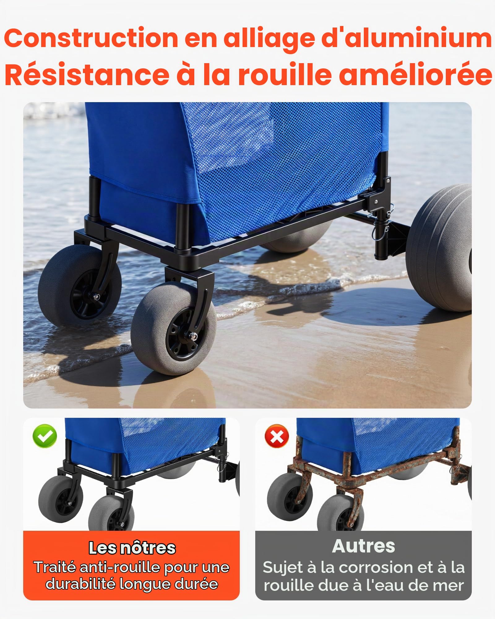 VEVOR Chariot de Plage Tout-Terrain, Chariot de Transport Pliable Charge 75 kg, Charette pour Camping Pêche Jardin Extérieur, avec Roues Ballons de 30 cm, Sac de Rangement et Hauteur Réglable
