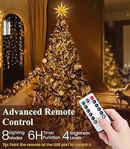 Luxspire Christmas Tree Topper, Lighted Star Tree Topper with USB Plug-in & Remote Control, 9.8" Christmas Tree Star Lights for Home Holiday Decor, 6H Timer & 8 Lighting Modes, Gold