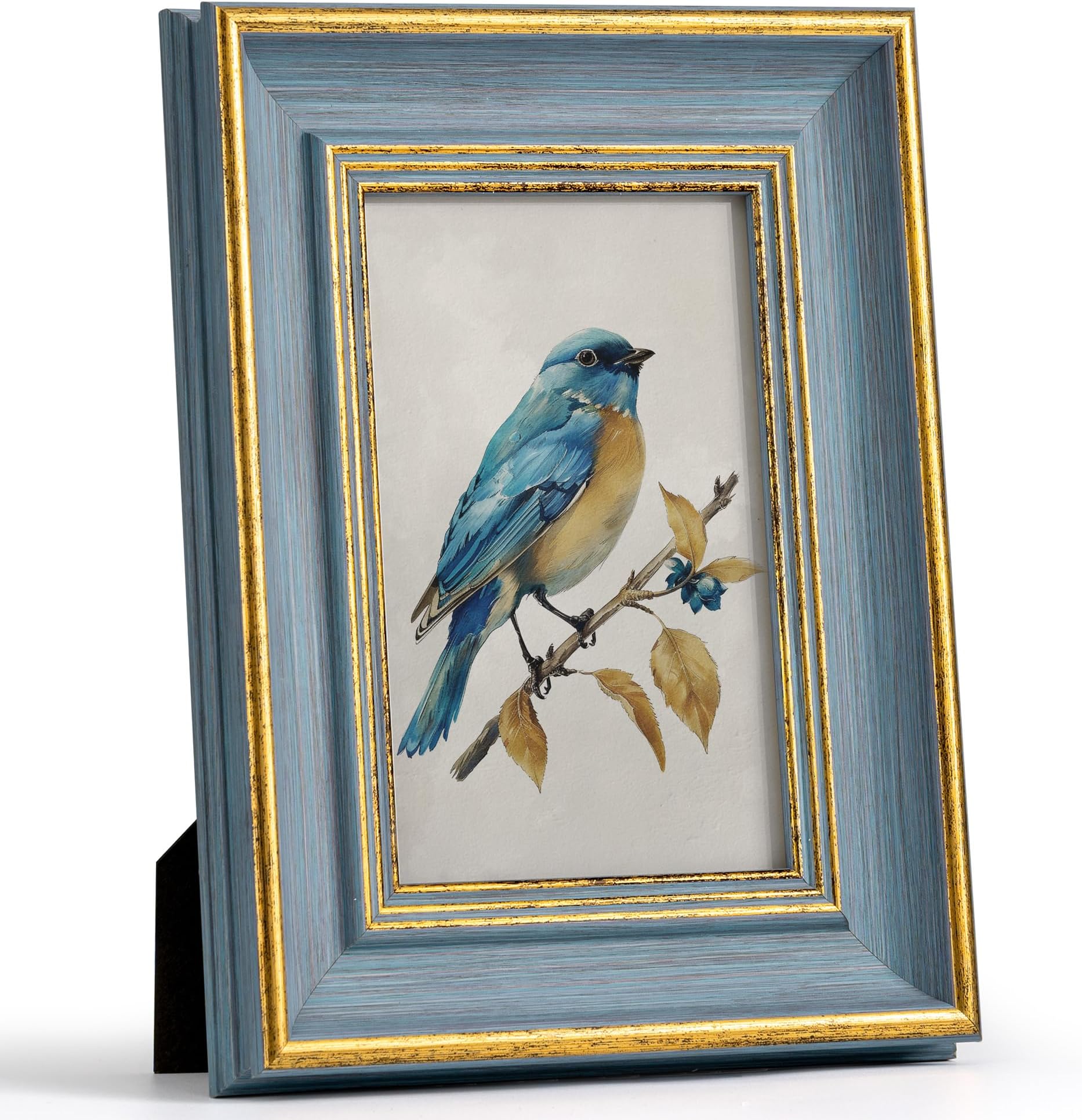 Vintage 4x6 Picture Frame Gold Line Blue Distressed Photo Frame Antique Wall Hanging Tabletop Display Home Decor Retro Shabby Chic Elegant Family Unique Gift