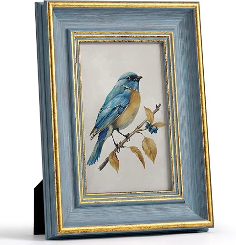 Sapowerntus Marco de fotos vintage de 4 x 6 pulgadas, línea dorada, azul envejecido, marco de fotos antiguo para colgar en la pared, decoración del