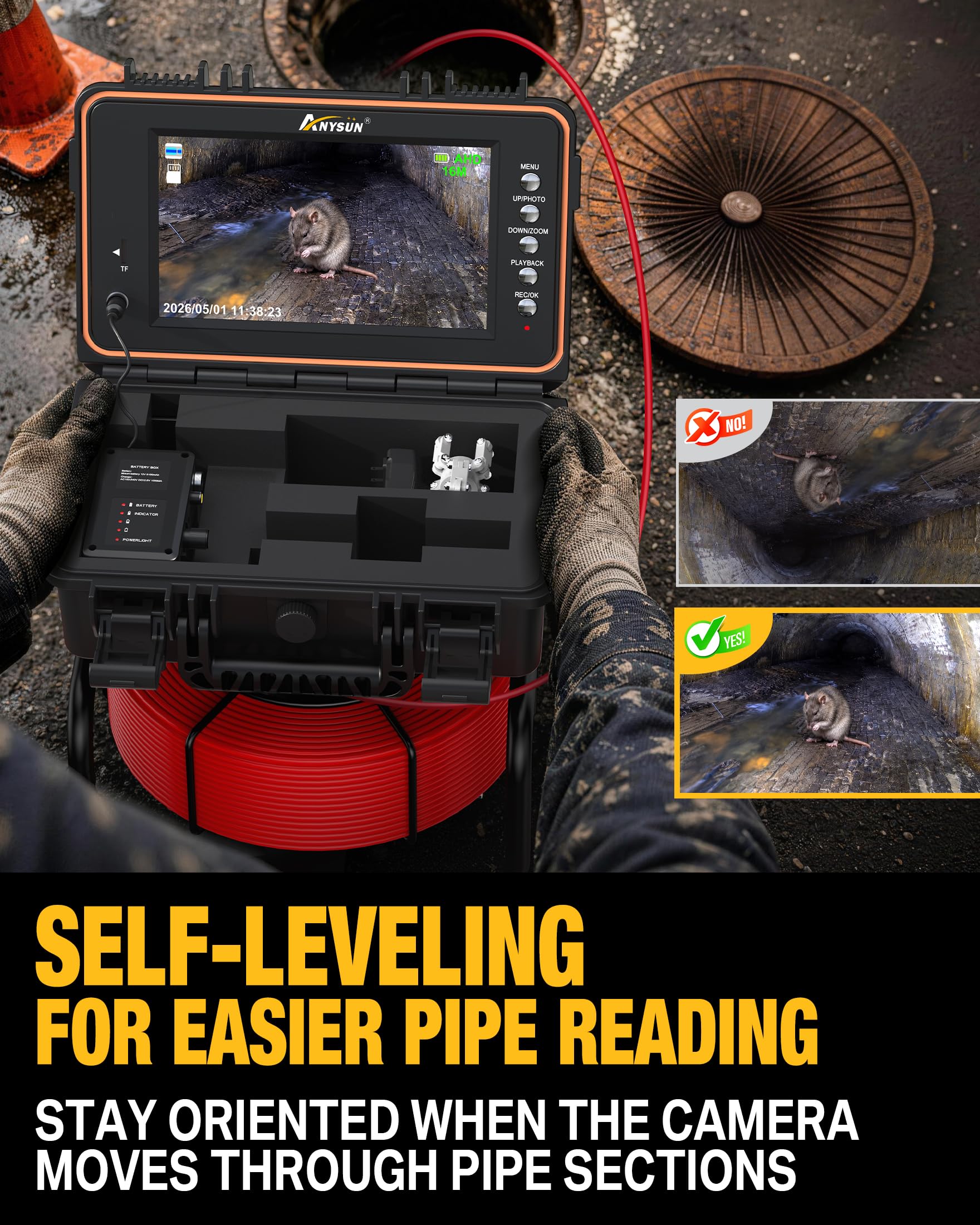 Anysun Caméra Inspection Canalisation Autonivelante avec Sonde 512Hz, Compteur Métrique, Endoscope Industriel Plomberie 1080P, Écran IPS 9", DVR, 23mm Caméra IP68 Étanche pour Détection Fuite Bouchon