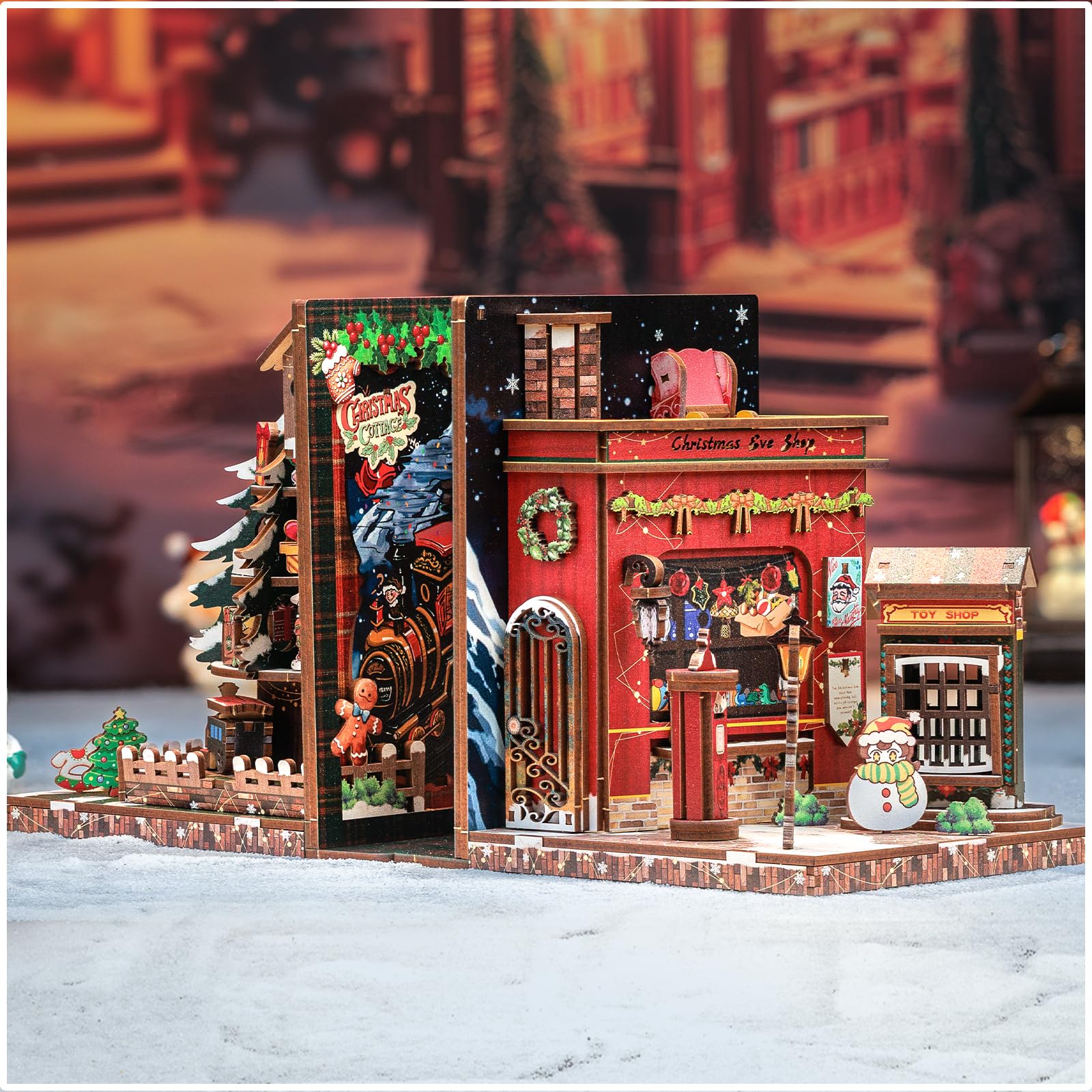 Fsolis Christmas Book Nook, DIY Miniature House Kit for Adults Bookshelf Alley Decor for Teenagers Women Craft Lovers - Christmas Cottage (2pcs)