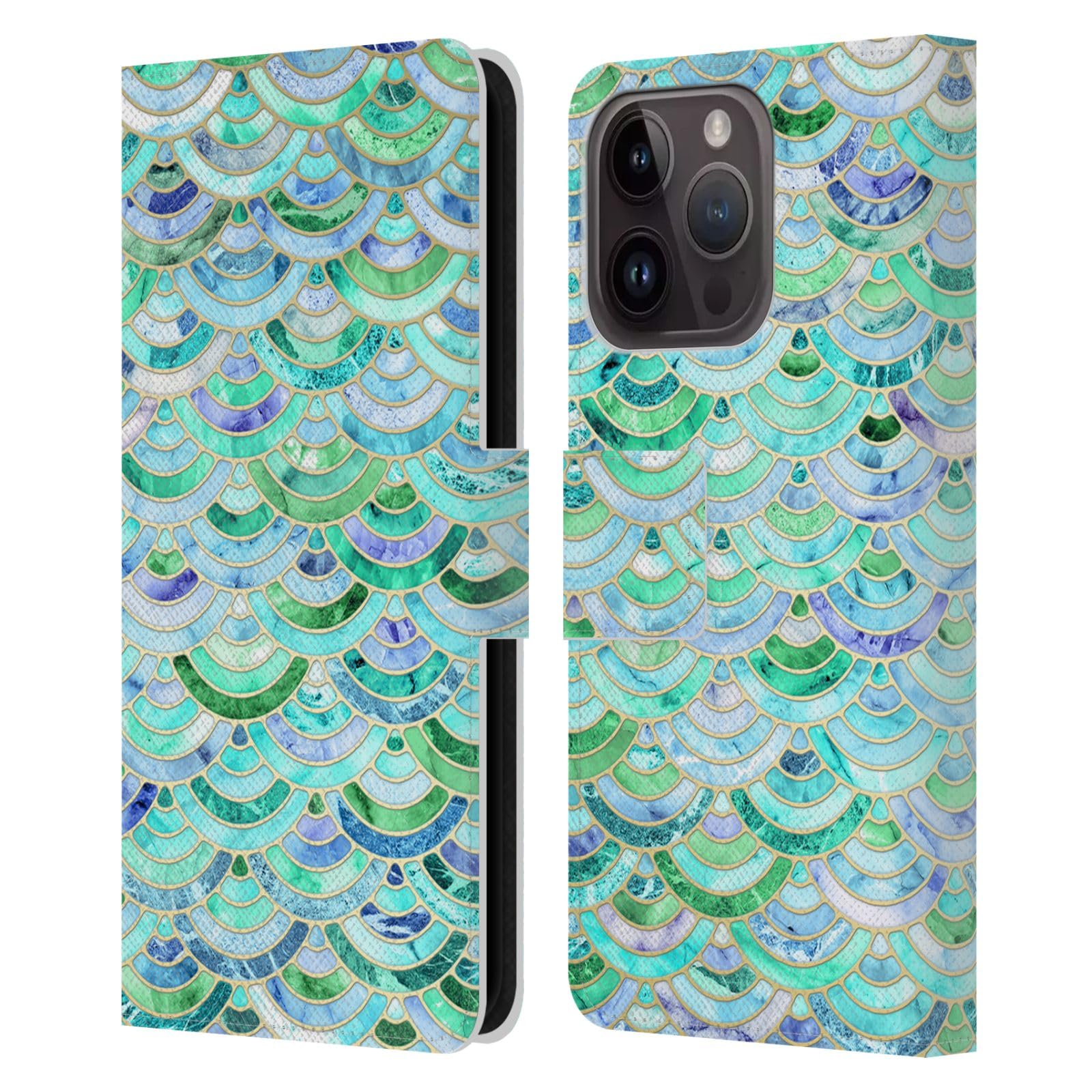 Head Case Designs Officially Licensed Micklyn Le Feuvre Mosaic in Mint Quartz and Jade Marble Patterns Leather Book Wallet Case Cover Compatible with Apple iPhone 15 Pro