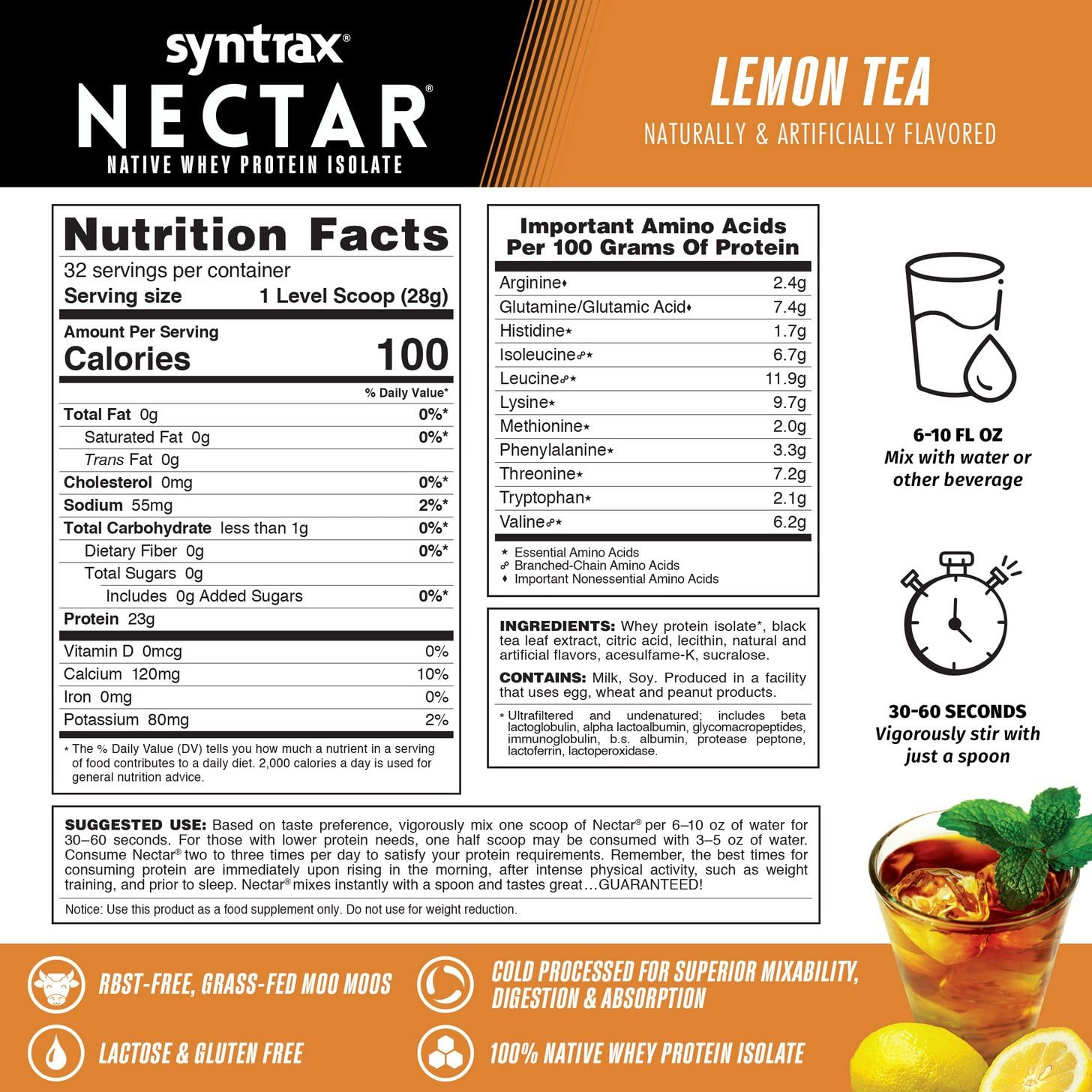 Syntrax Nectar, Lemon Tea 2 lbs. Native Whey Protein Isolate, 100g Caffeine — Amazon image 3
