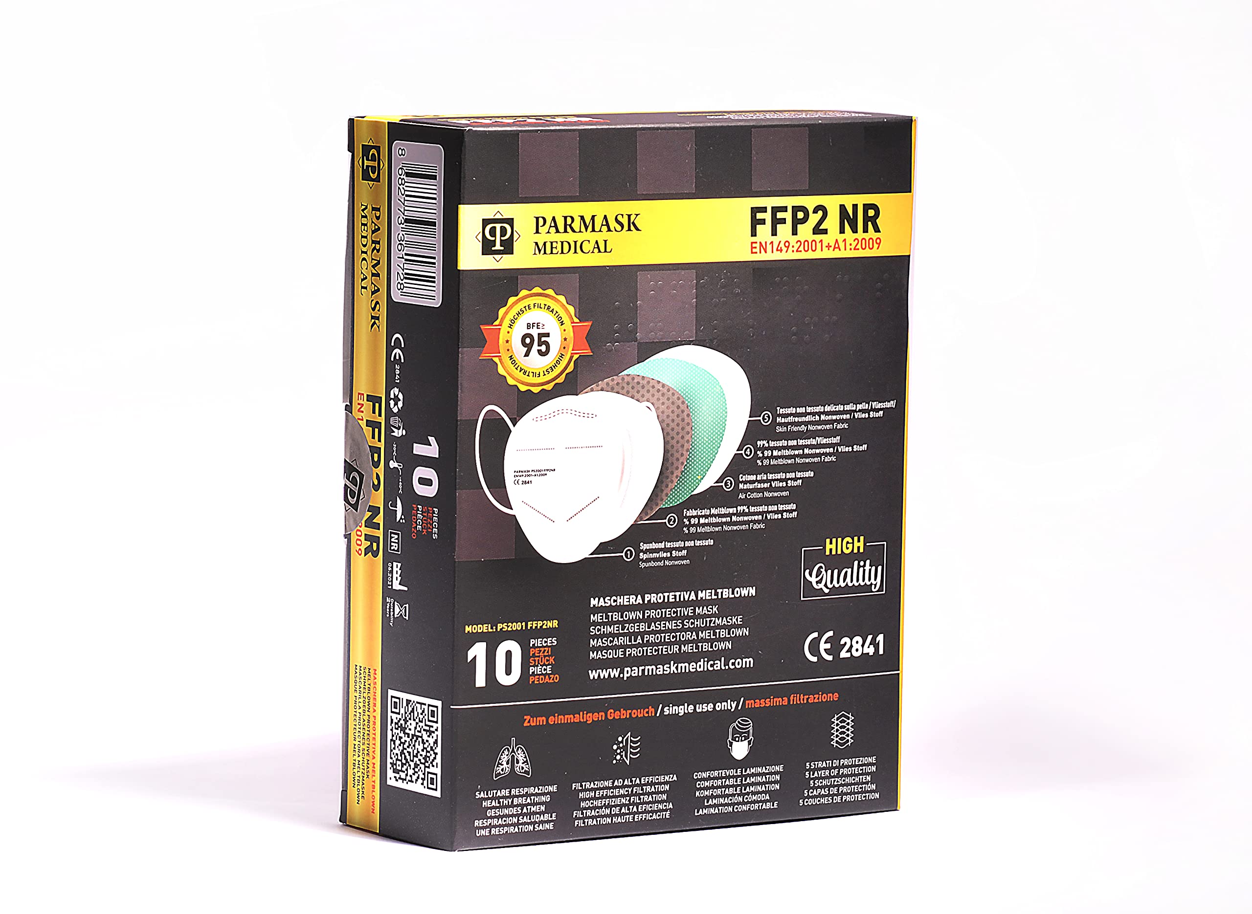 Mascherine FFP2 Nere Parmask - 10 Pezzi, 5 Strati, Certificazione CE2841 EN149:2001 - Foto 6