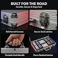 Vista 6 de Texas Hold'em Juego de fichas de póquer de 200 piezas con estuche de transporte de aluminio y chips de peso profesional más 5 dados de póquer