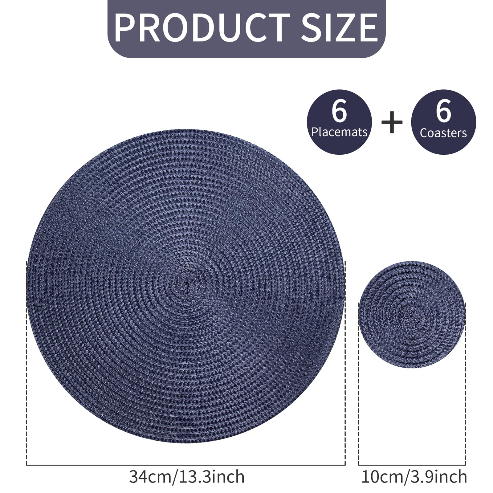 HPMAISON Blue Round Placemats and Coasters Set of 6 - Image 2