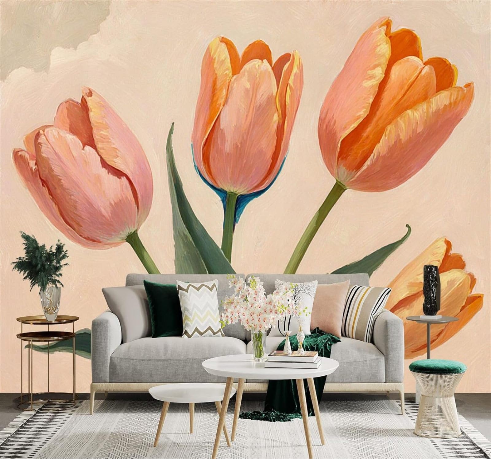 XLMING Beautiful Pink Tulips Green Leaves Plants Art 3D Wallpaper Silky Texture Home Study Office Grey Dining Room Sofa Bedroom Living Room TV Backdrop-200cm×140cm