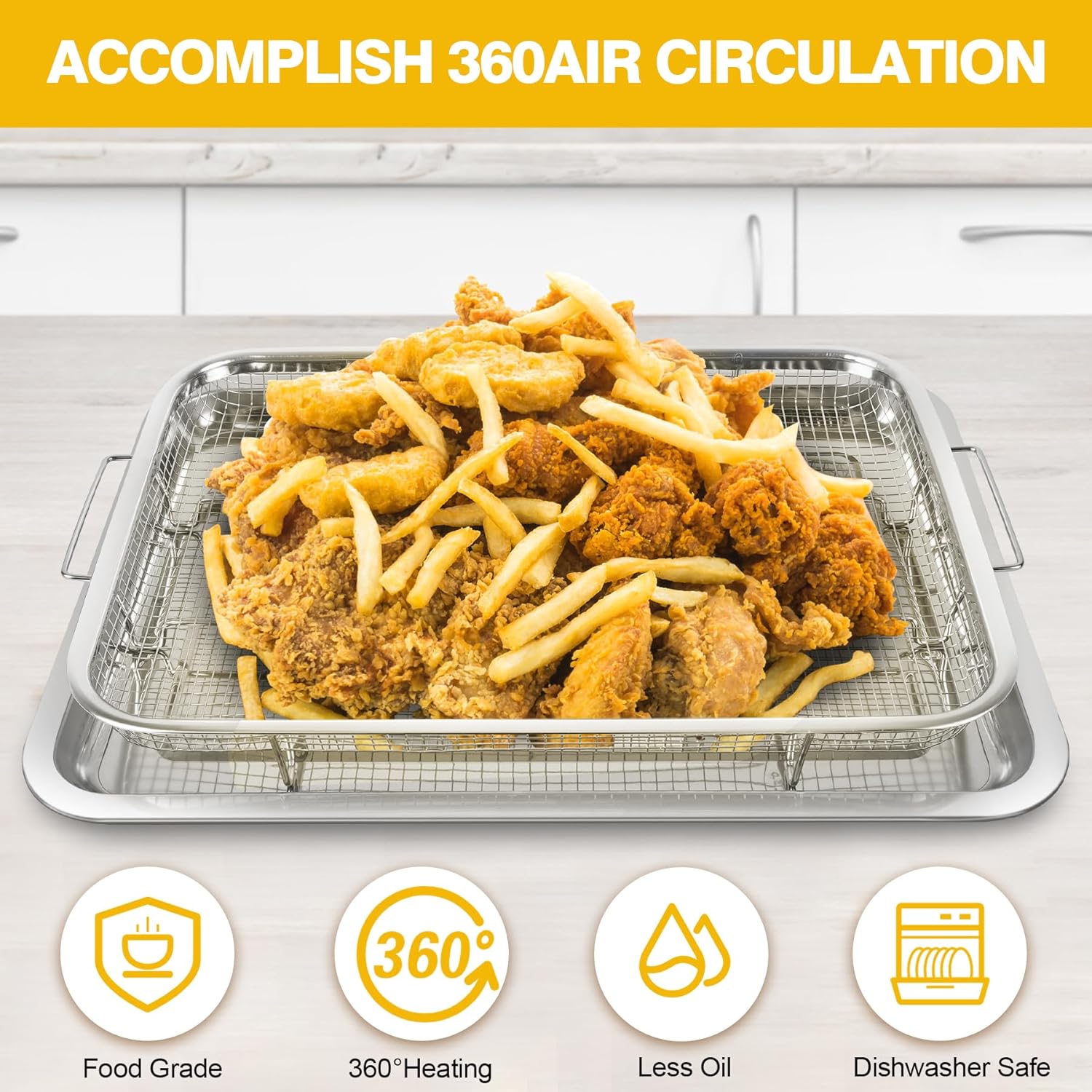 air fryer basket for oven 15 x 11 inch stainless steel, air fryer accessories oven rack and crisper tray, bacon cooker broiler pan for oven, bakeware sets oven rack-2 piece large 15.5x11.6 inch